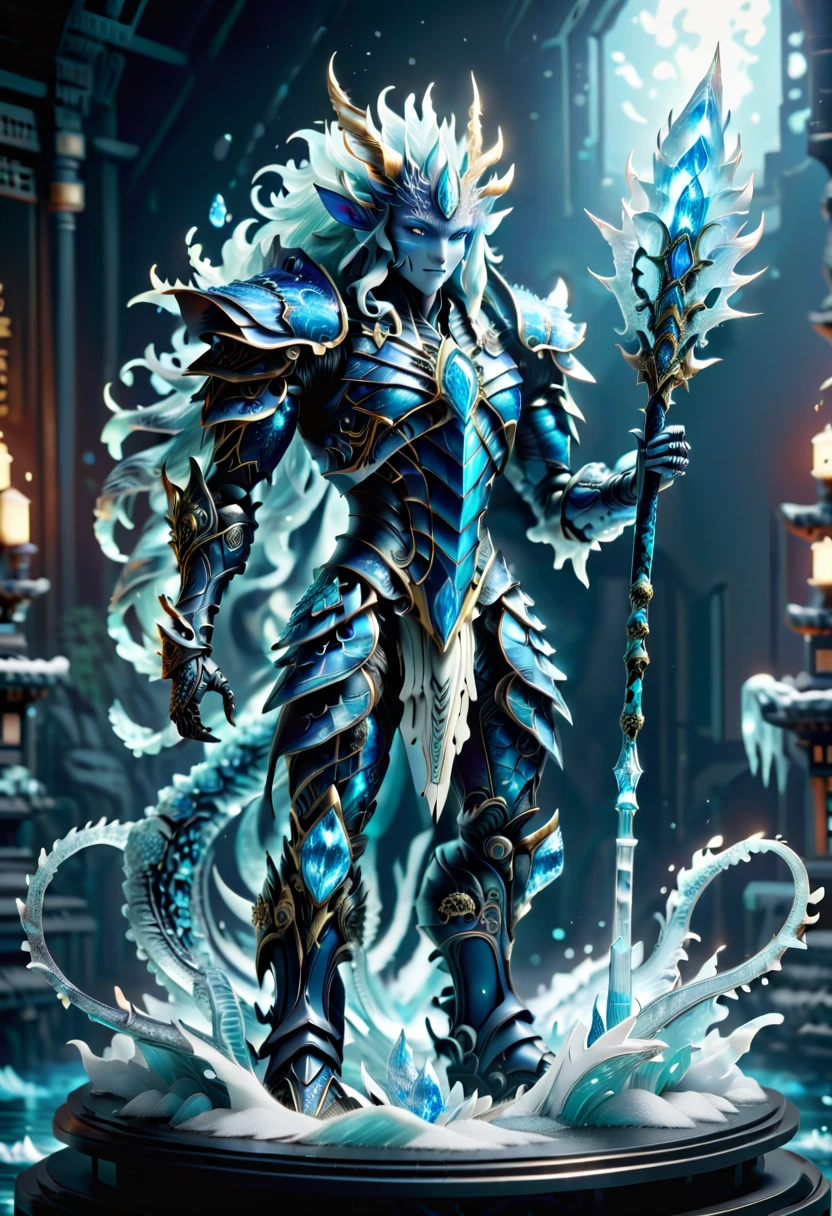 ocean，huge waves, （Demon God Altar Fighter，Water God:1.5）, Mechanical arm，(Mechanical Crystal Spear:1.5），((Heroes from another world))，The interior shimmers with icy blue and white, full-body shot，thin and long，dark blue eyes，Curly ears，(Wearing ancient Japanese mechanical armor:1.8)，Smile，blooming waves，octane rendering, Ray tracing, Volumetric lighting，backlight，edge lighting, 8k, high dynamic range，高度meticulous干净, beauty，meticulous，complex, F41Arm0rXL