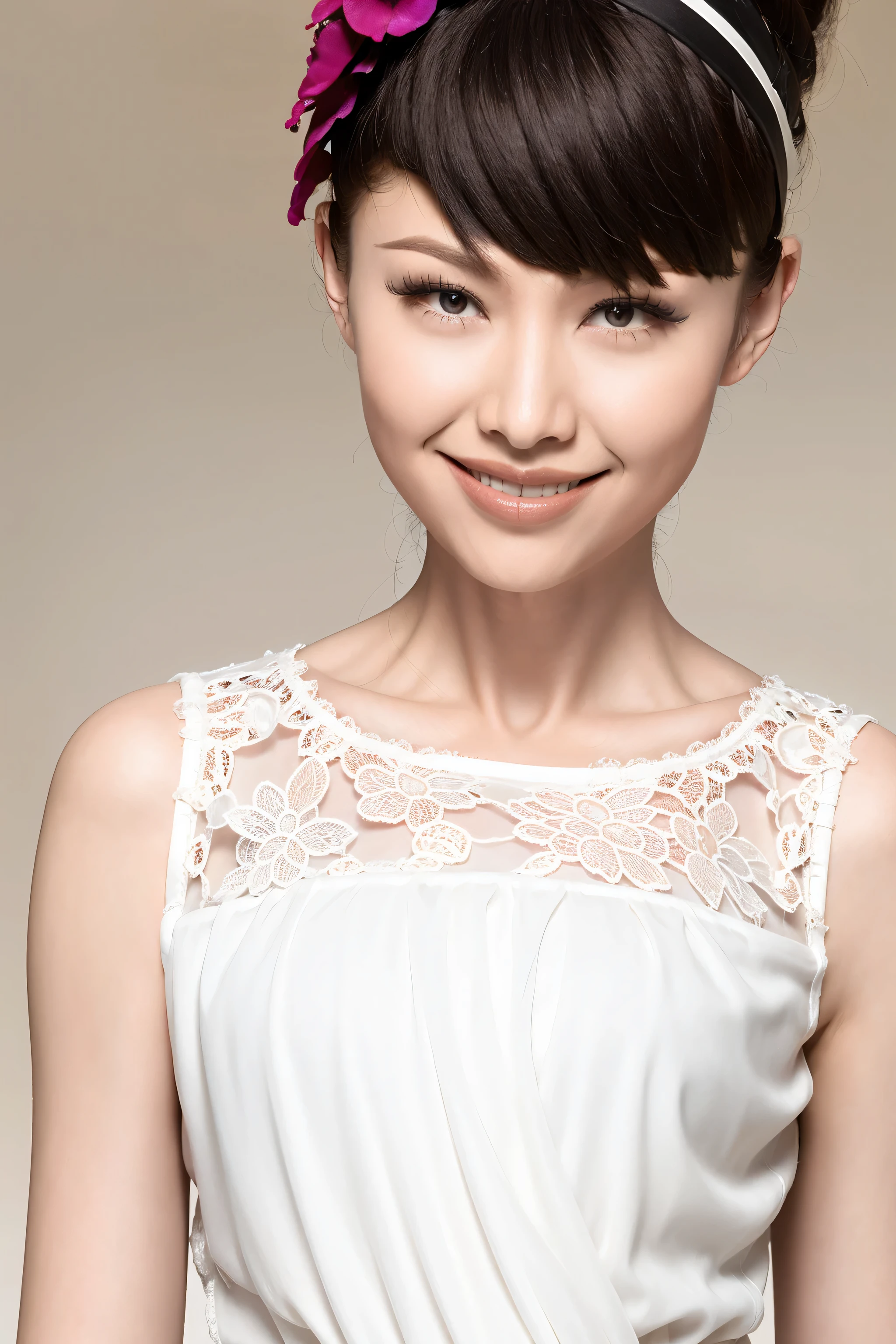 fashion model 20 years old [[[[close up]]]], [[[[neck]]]], [[[[Shoulder]]]], perfect eyes, perfect iris，perfect lips，perfect teeth，Perfect skin，White skin，Soft headlight，High Density Imaging Review，long black hair，（Face is clear and delicate），((white lace underwear))，((Sexy))，(((charming smile)))，((Half body photo))，((The background is the bedroom))，((Deluxe king bed))，best quality，masterpiece，（pastel colors：1.2）