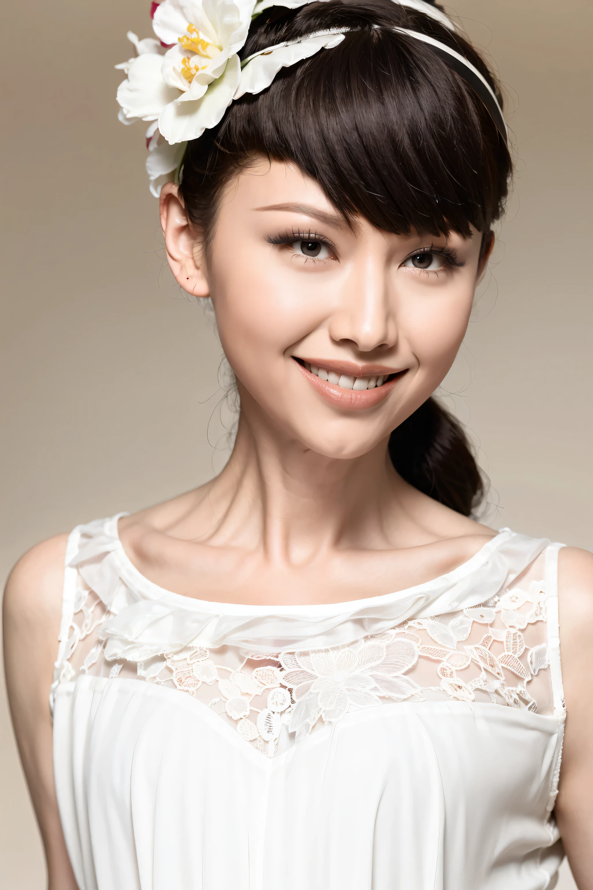 fashion model 20 years old [[[[close up]]]], [[[[neck]]]], [[[[Shoulder]]]], perfect eyes, perfect iris，perfect lips，perfect teeth，Perfect skin，White skin，Soft headlight，High Density Imaging Review，long black hair，（Face is clear and delicate），((white lace underwear))，((Sexy))，(((charming smile)))，((Half body photo))，((The background is the bedroom))，((Deluxe king bed))，best quality，masterpiece，（pastel colors：1.2）