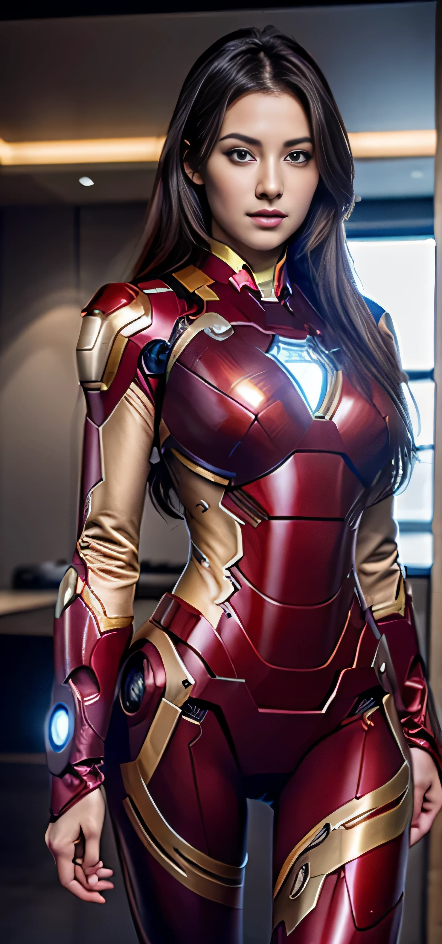 Photorealistic, high resolution, 1 Women, Solo, Beautiful eyes, view the viewer, Close lips, Detailed face,,long whitr hair, Big breasts Thin waist,long leges,Raised sexy,The kinky is exposed,Iron Man(Wearing:Iron Man uniform,nakeness)fully body photo,frontage