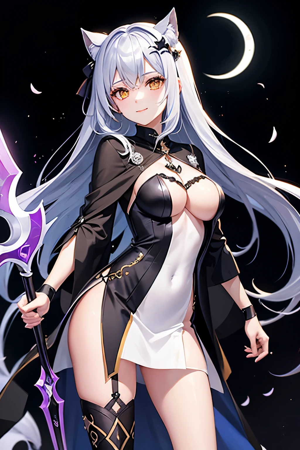 (high quality、masterpiece、detailed、normal body)((A beautiful girl with a death scythe in her right hand:1.4、Executioners、grim Reaper、She has silver hair that is dyed black towards the tips.、Golden eyes emit a mysterious light))、Wearing a white mysterious robe:1.3、Wearing a sexy miniskirt:1.2、racy robe、Wearing a transparent robe:1.3、The moon phases are lined up behind、smiling shyly、Crescent moon crest on forehead、柄の長いgrim Reaperの鎌を持ってる:1.5、A scythe with a beautiful curve and a sharp edge.、Subspace