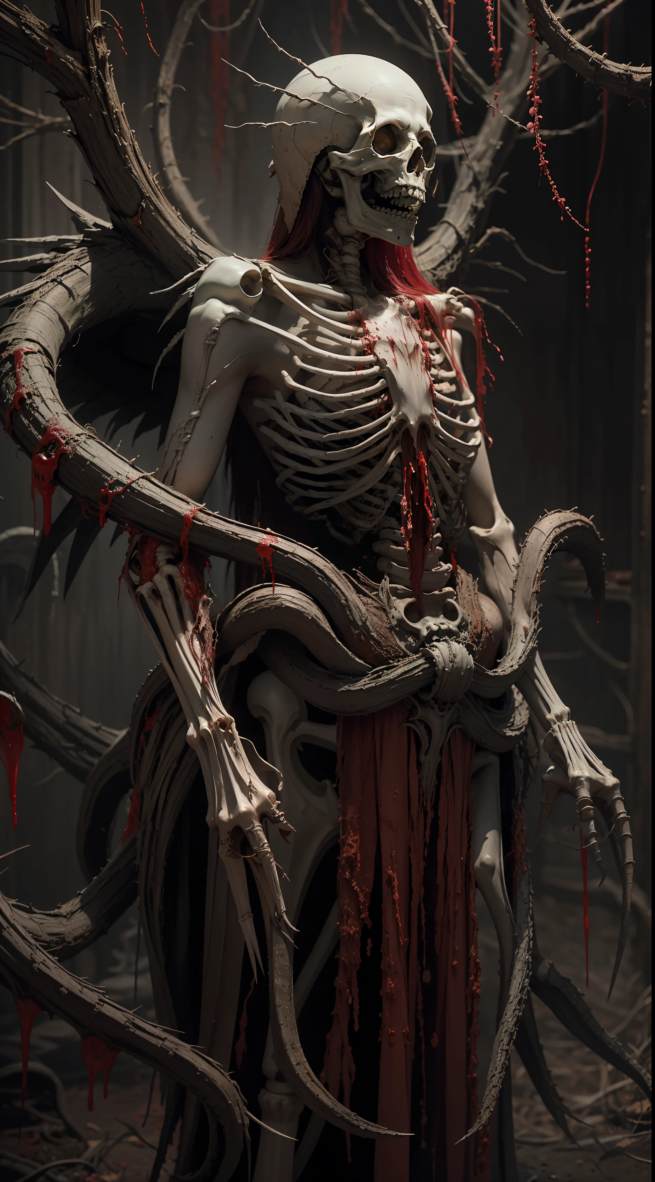 Fine matte painting, skeleton dark angel big wings haunted castle on drawing table full of knives, horror, spookiness, scary, secret horror, tentacles, vines, eyes, uncanny valley effect teeth, limbs, animals, blood moon