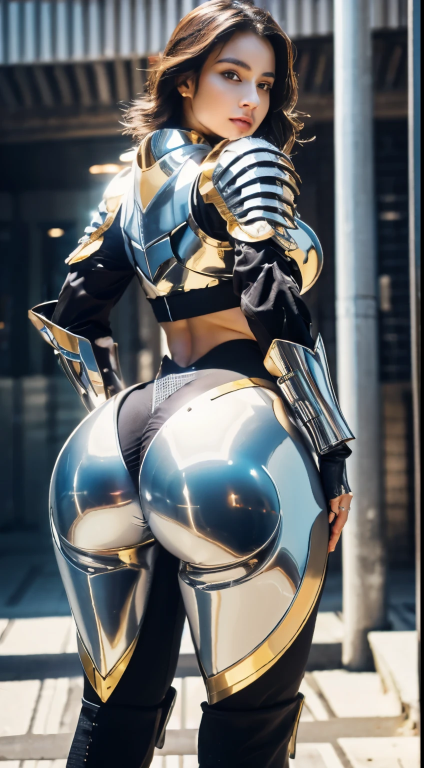 ((Full armor)), knight Cloak, ((helm)), (Yoga pants:0.5), looking on camera, standing on studio, beautiful face, makeup, (photorealism:1.2), ultrarealistic face, (muscle abs), (big butt), (wide hips), (thick thighs), slim waist, hourglass figure, half body, ((glowing skin)), ((shiny skin)), Realistic body, (sexy body:1.2), (clean skin), photorealistic, bokeh, motion blur, masterpiece, super detail, textured skin,