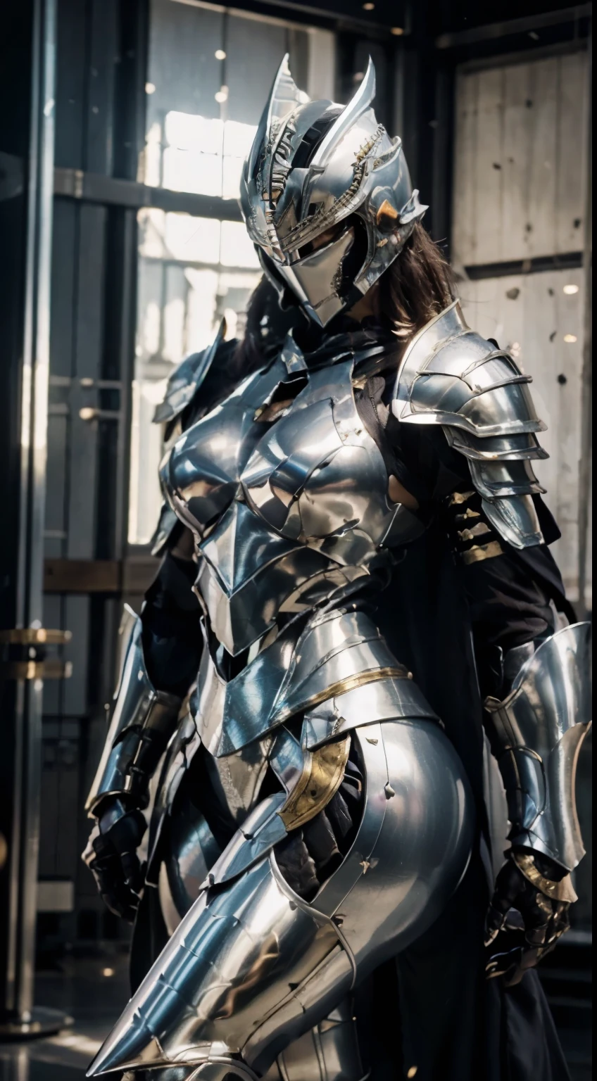 ((Full armor)), knight Cloak, ((helm)), (Yoga pants:0.5), looking on camera, standing on studio, beautiful face, makeup, (photorealism:1.2), ultrarealistic face, (muscle abs), (big butt), (wide hips), (thick thighs), slim waist, hourglass figure, half body, ((glowing skin)), ((shiny skin)), Realistic body, (sexy body:1.2), (clean skin), photorealistic, bokeh, motion blur, masterpiece, super detail, textured skin, giga_busty