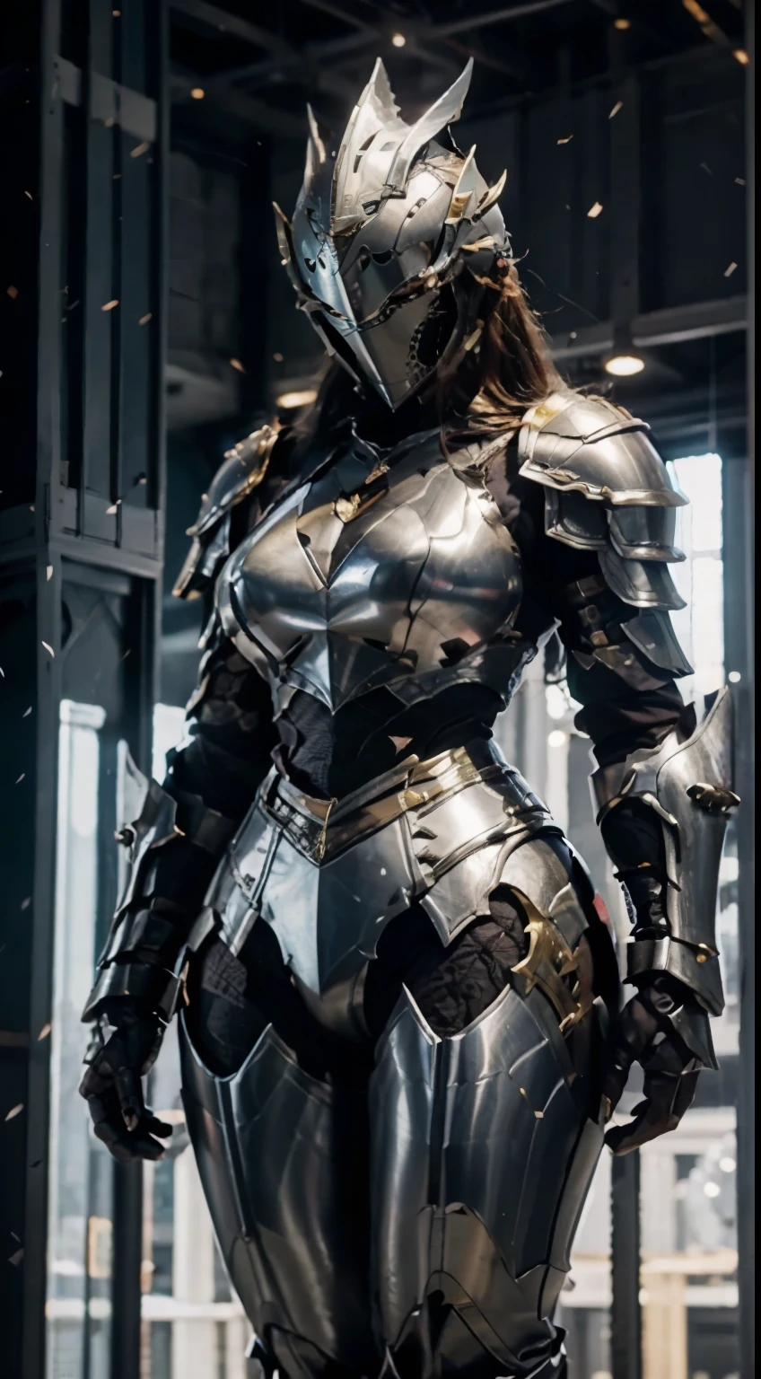 ((Full armor)), knight Cloak, ((helm)), (Yoga pants:0.5), looking on camera, standing on studio, beautiful face, makeup, (photorealism:1.2), ultrarealistic face, (muscle abs), (big butt), (wide hips), (thick thighs), slim waist, hourglass figure, half body, ((glowing skin)), ((shiny skin)), Realistic body, (sexy body:1.2), (clean skin), photorealistic, bokeh, motion blur, masterpiece, super detail, textured skin, giga_busty
