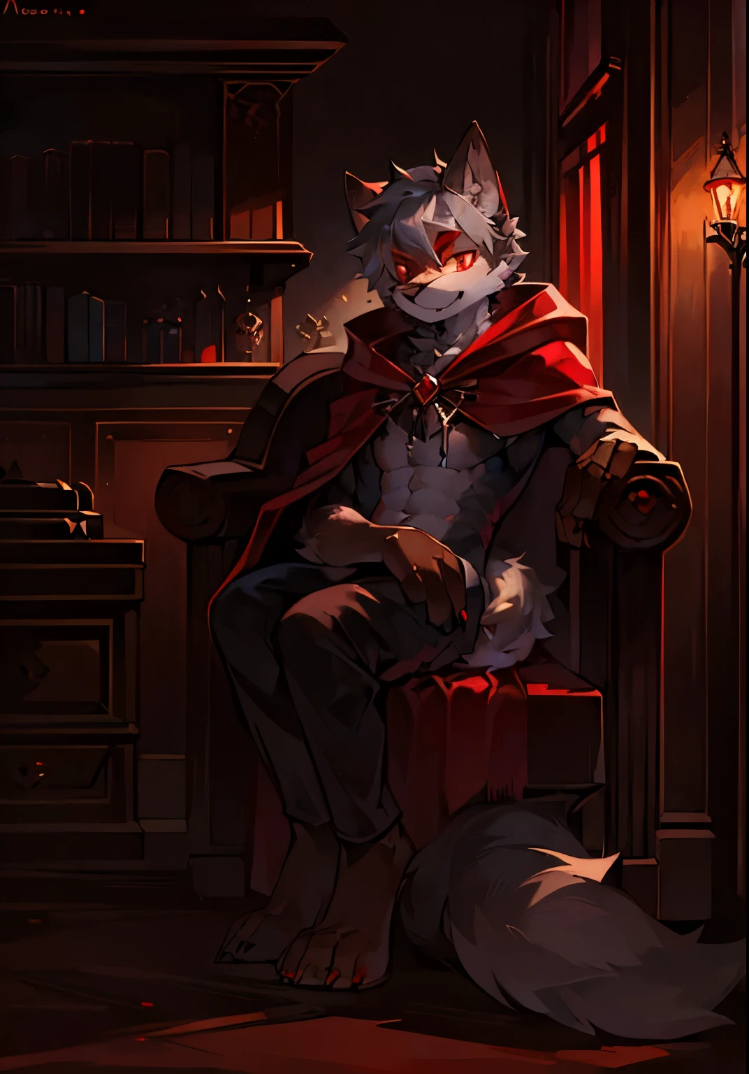 (Dark environment: 0.8), bright eyes, panorama, character focus. (Background: 0.7), Solo, Furry, Furry Male, Male Focus, Anthr, (Full Body Fur, Fluffy Tail, White Fur, Red Eyes, Gray Hair: 1.2), (Canids, Vampires, Cloak: 1.2), (Interior, Night, Castle, Coffin: 1.1)