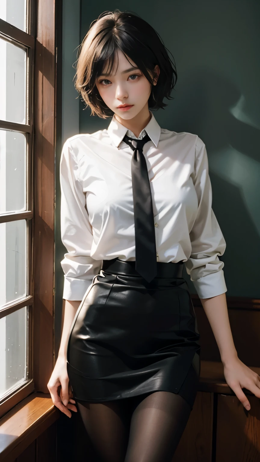 1girl,young girl, shiny skin,big breasts,nice leg line:1.3, thin waist,school uniform, thighhighs,necktie,((pencil skirt)),looking at viewer,from below,full body, ( pantyhose:1.3),(The golden ratio figure),
masterpiece, best quality, best perspective, ultra-detailed and intricate, extremely delicate and beautiful, best quality light, (ray tracing:1.1), anti-aliasing,
realistic,photorealistic,award-winning illustration,(intricate details:1.2),(delicate detailed) (intricate details),(cinematic light,best quality Backlights),clear line,sharp focus,official art,unity 8k wallpaper,absurdres,incredibly absurdres,huge filesize,ultra-detailed,highres,extremely detailed extremely delicate and beautiful,RAW photo, professional lighting,dynamic lighting,light on the face,depthoffield,solofocus,cool beauty,tall woman,black hair,short cut hair,Precisely expresses details such as face and skin texture,beautiful eye,double eyelid,delicate skin,slender body shape,alone,