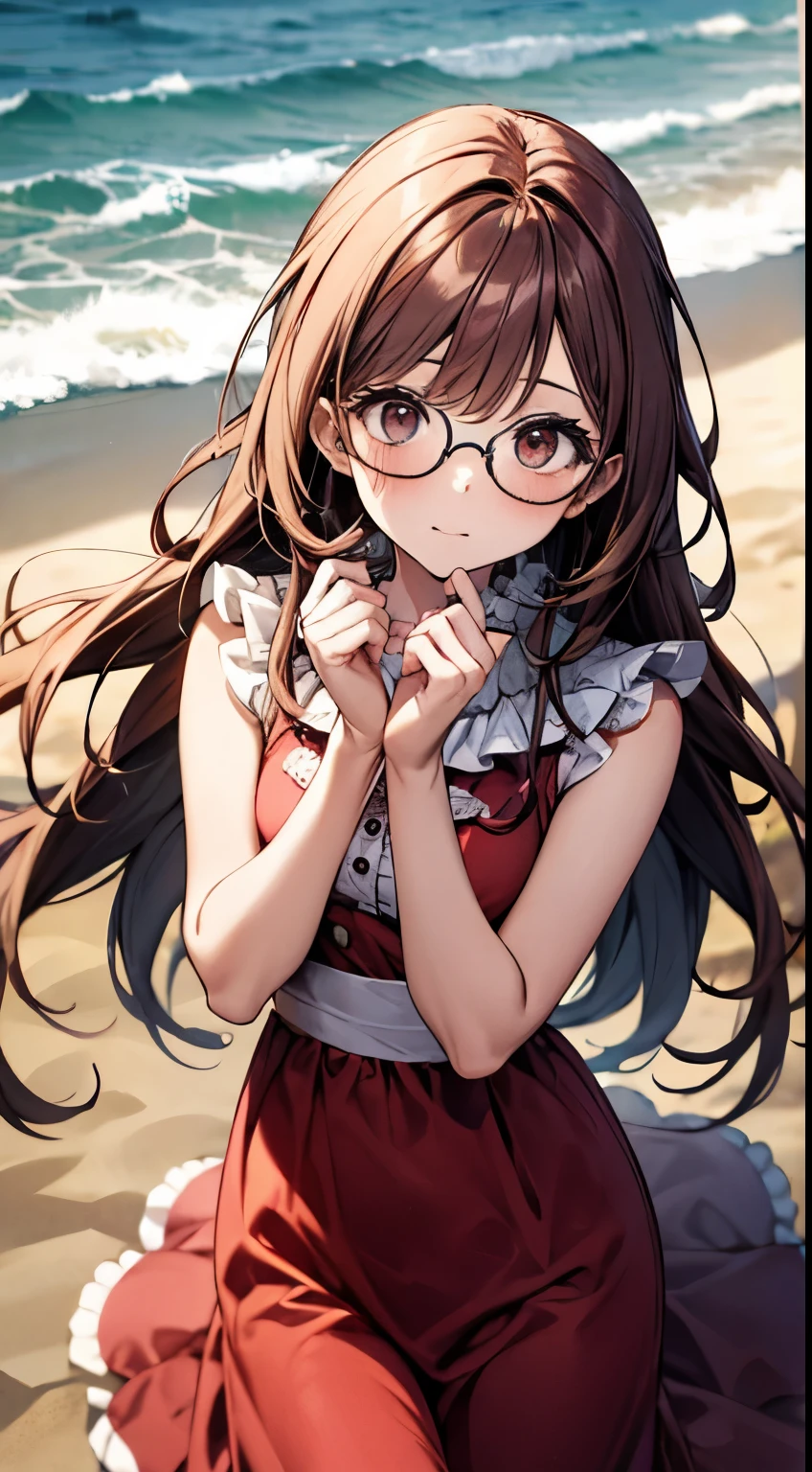 cute girl, big eye glasses, red long hair barrette, beautiful red dress, clowdy beach