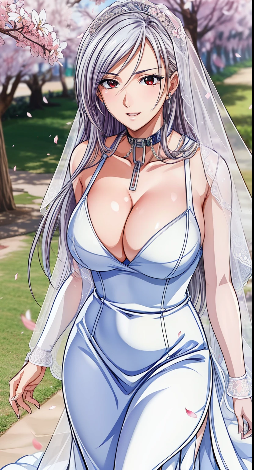 red eyes, (highest quality, masterpiece絵画:1.3), mature woman, 26 years old, (half body shot), masterpiece, ultra high resolution, (Photoreal:1.0), silver hair、straight hair, beautiful shiny hair, white and shining skin, ((Ultra realistic details)), octane rendering, highly detailed face, (big breasts:1.0), (Sexy and gorgeous wedding dresses,red wedding dress,long skirt:1.2) open neckline, cleavage, perfect body, soft skin, anime face, perfect face, perfect eyes, looking at the viewer, smart, Under the cherry blossom tree background, cherry blossom petals are falling, outdoors,sharp focus, intricate details, professional artwork, (bright colors:1.1), bright colors, diffused lighting, digital blending, ultra-definition body, ultra detail hair, super detailed face, that'It's trending on pixiv, top button open, Cute gaze, compensate, perfect lips, perfect compensate, Ultra-precision coating, (light_smile:0.8), (Very embarrassed:1.2), blush your nose,