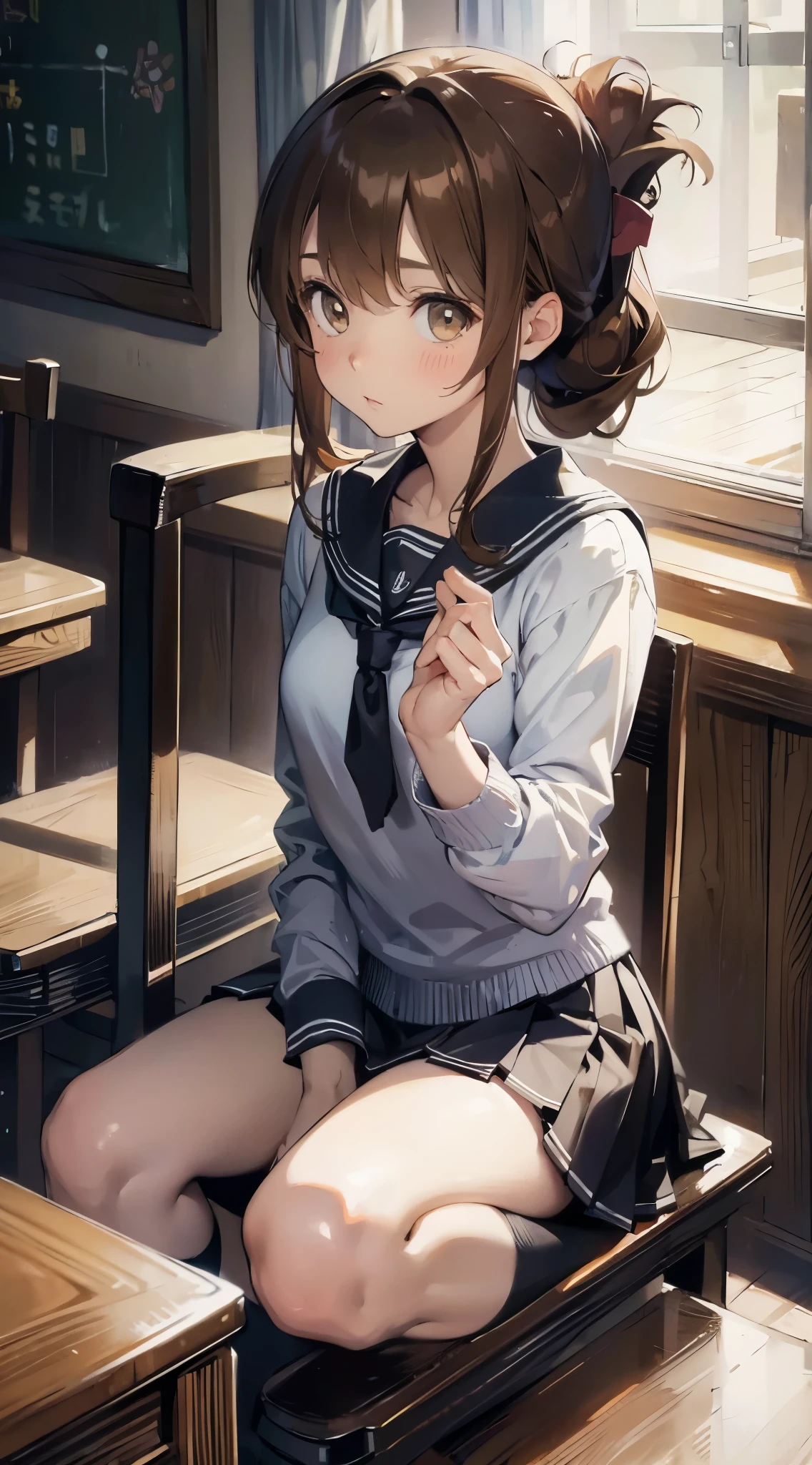 (masterpiece, best quality:1.2),illustration,8k,hd,1girl,solo,upper body,(portrait:1.2),brown_hair,folded_ponytail,brown_eyes,serafuku,long_hair,school_uniform,skirt,pleated_skirt,