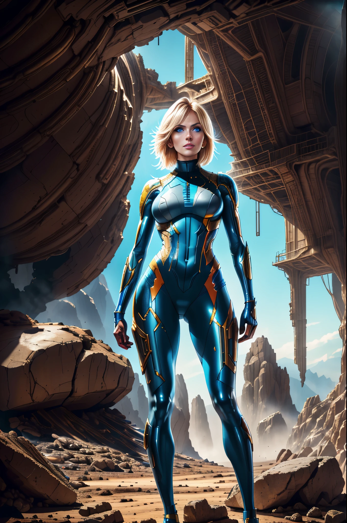 sexy blond Samus Aran from Metroid wearing blue suit with high platforms standing on a floor of a cave near ((grey humanoid monster)) hiding behind a rock and looking at her,
interior of alien cave in Hans Ruedi Giger style,
beautiful face,perfect face,
single girl,novacopeseethemald style,glossy,thepit bimbo,
realistic, professional, limited palette,high contrast,amazing detail,dynamic lights,
hyperrealism, masterpiece, best quality, HDR, viewpoint, highest quality, sharp focus, digital art render, 8k