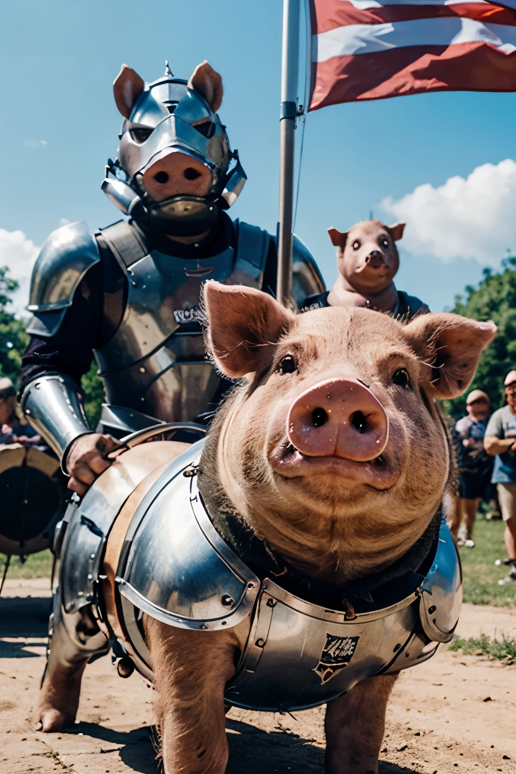 Anthropomorphic pigs ,protesting, suits of armor, flags flying " pork written in bold at top of picture" realistic, 4k,