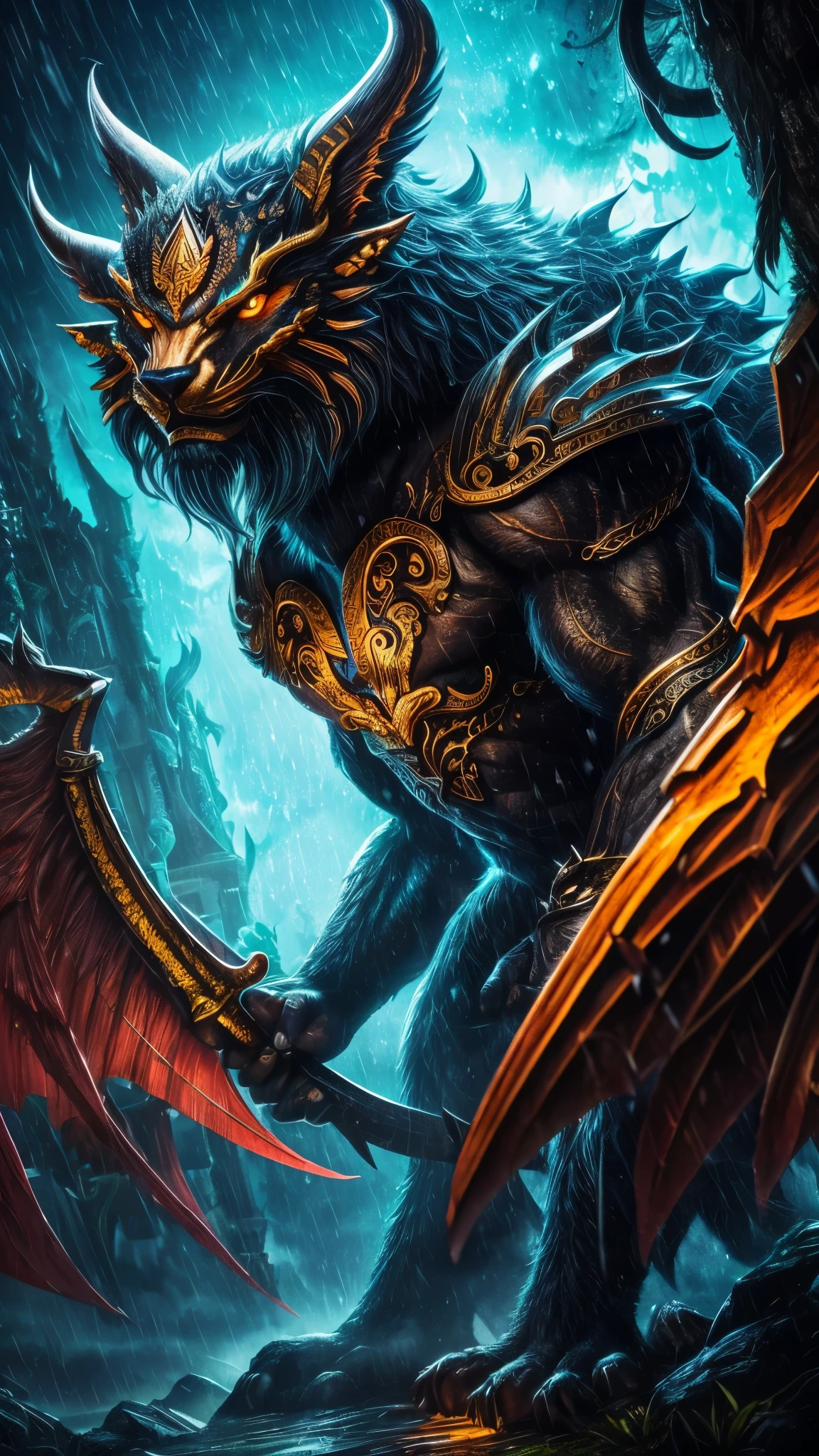 Malaysian strongest mythical beast, Malaysian mythology beast, full picture, fantastic creatures, fantasy, raining fenomena, super detail, photography picture, wallpaper picture quality, masterpiece, high resolution, 4k hd, 8k hd, 16k hd