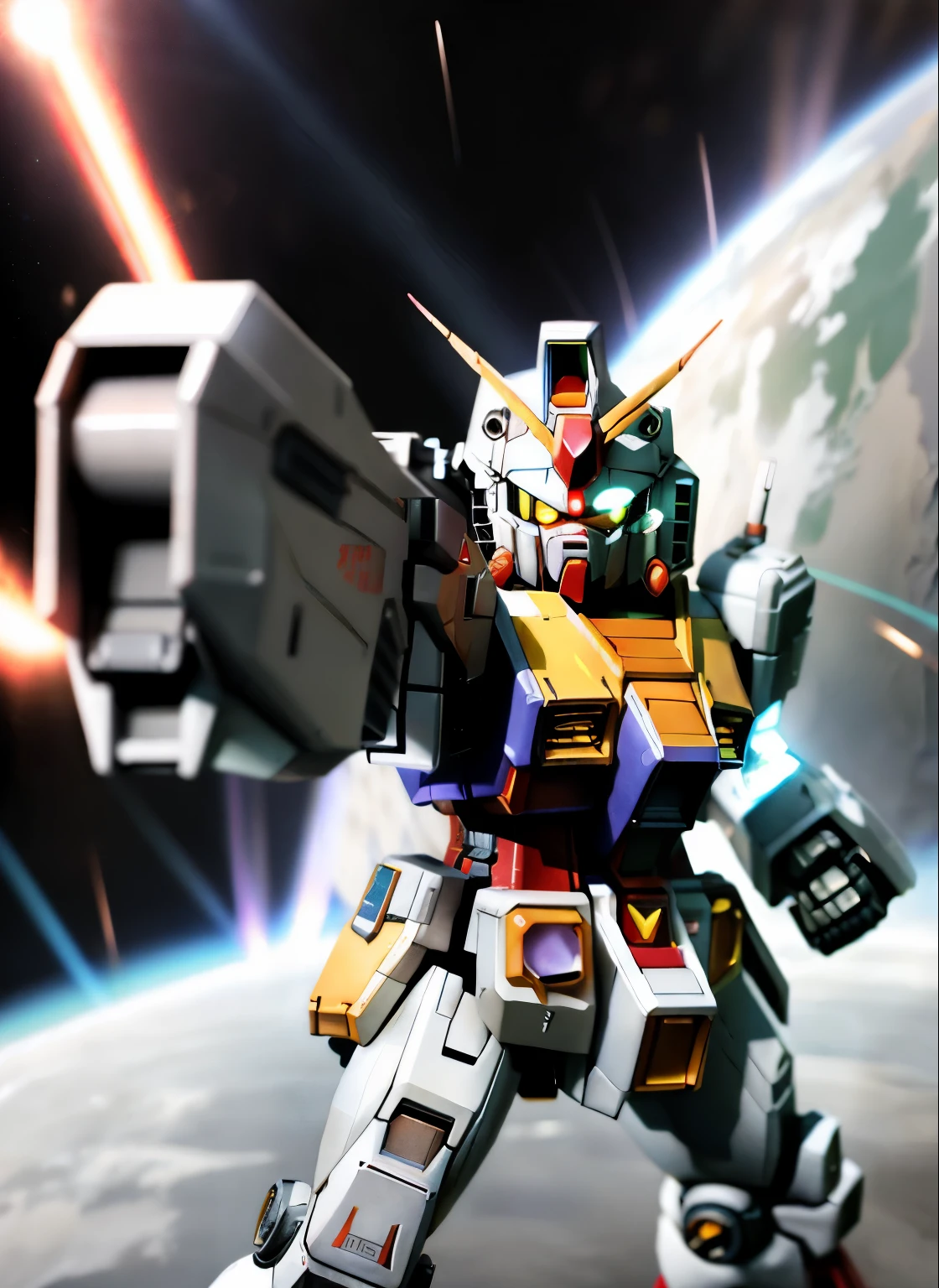 (SF)、(masterpiece)、highest quality、Highly detailed CG Unity 8k wallpaper、((SD Gundam 1.2))、F91、sharp gaze、Confront the enemy with a bazooka and saber、dance in the air、Flying through the sky like a comet、surrounded by fin funnels、chibi character、background earth、realistic outer space、robot、mechanic、docking core、Maximum output、continuous attack、beam radiation、Vesbar、fully armed、rusty edge、shine of light、Lens flare、unreal engine、