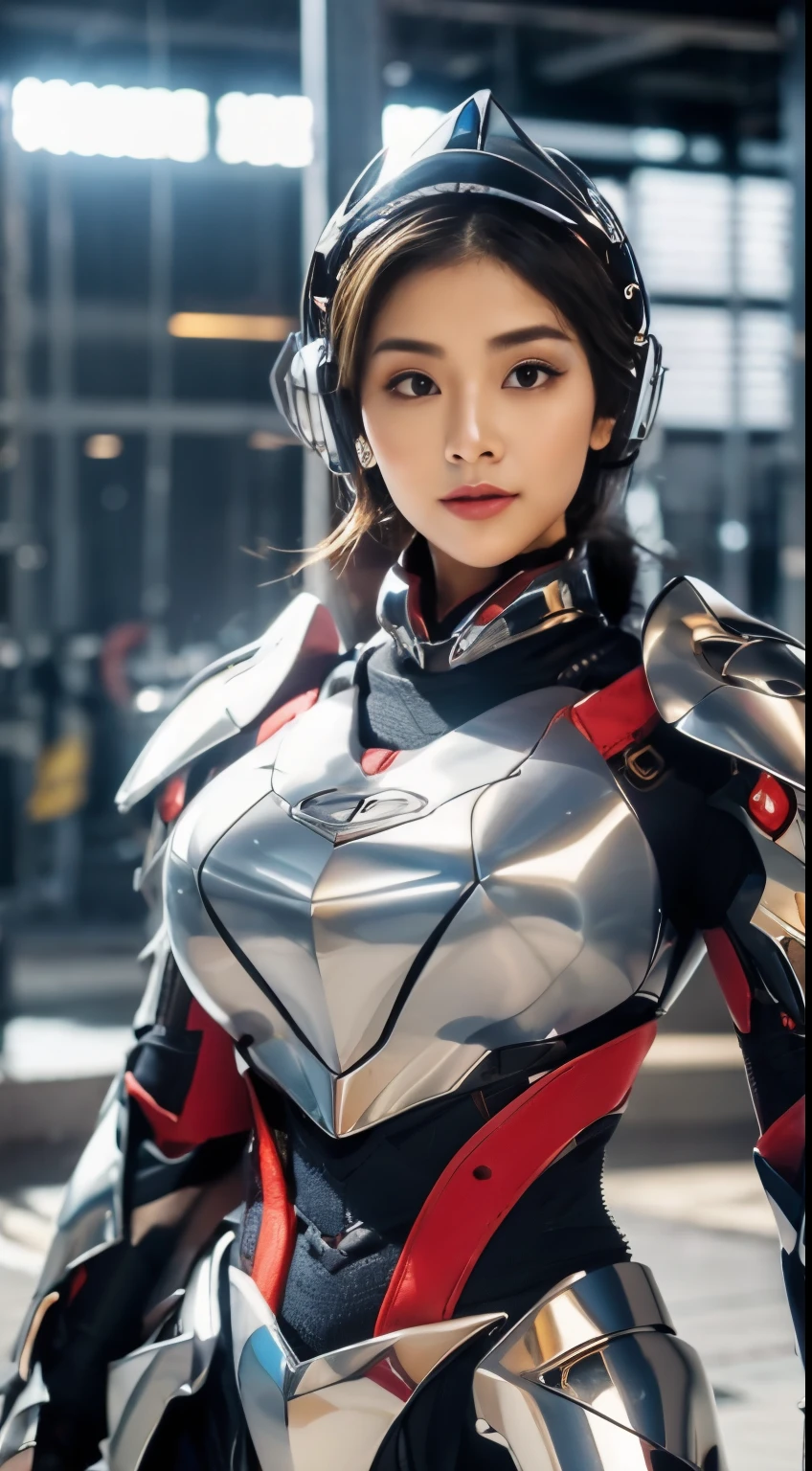 (Full armor), knight Cloak, (helm), (Yoga pants:0.5), looking on camera, standing on studio, beautiful face, makeup, (photorealism:1.2), ultrarealistic face, (muscle abs), (thick thighs), slim waist, hourglass figure, half body, ((glowing skin)), ((shiny skin)), Realistic body, (sexy body:1.2), (clean skin), photorealistic, bokeh, motion blur, masterpiece, super detail, textured skin, giga_busty, (big breasts:1.2)