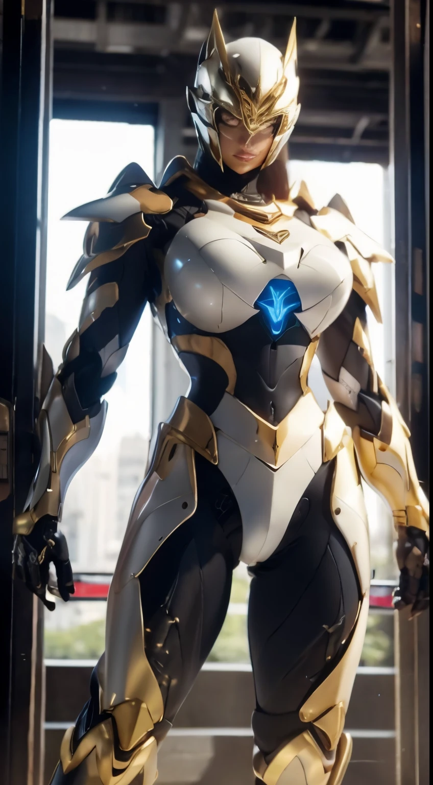 (Full armor), knight Cloak, (helm), (Yoga pants:0.5), looking on camera, standing on studio, beautiful face, makeup, (photorealism:1.2), ultrarealistic face, (muscle abs), (thick thighs), slim waist, hourglass figure, half body, ((glowing skin)), ((shiny skin)), Realistic body, (sexy body:1.2), (clean skin), photorealistic, bokeh, motion blur, masterpiece, super detail, textured skin, giga_busty, (big breasts:1.4)
