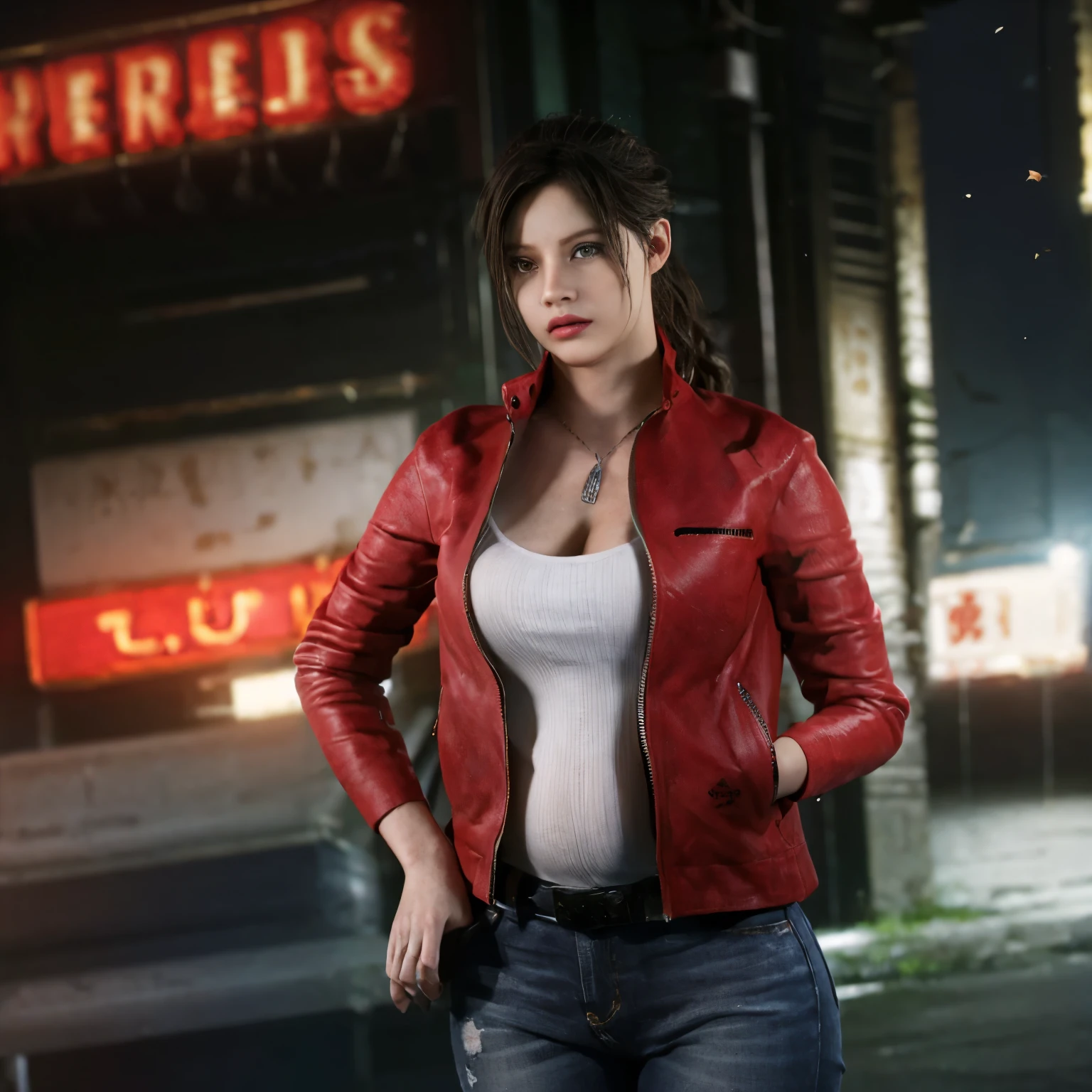 (masterpiece:1.2, Best Quality:1.2), ((Claire Redfield, super beautiful woman)), Resident evil, (Red jacket, White shirt, short jeans, torn jeans), (Colossal :1.5, Huge :1.1, Huge breasts:1.2, gigantic cleavage breasts:1.1), (Detailed face, Detailed skin texture, Perfect slim body), (in abandoned convenience store:1.3), Night, Dark atmosphere, show her ass, she is infected, her eyes are red, she is pregnant