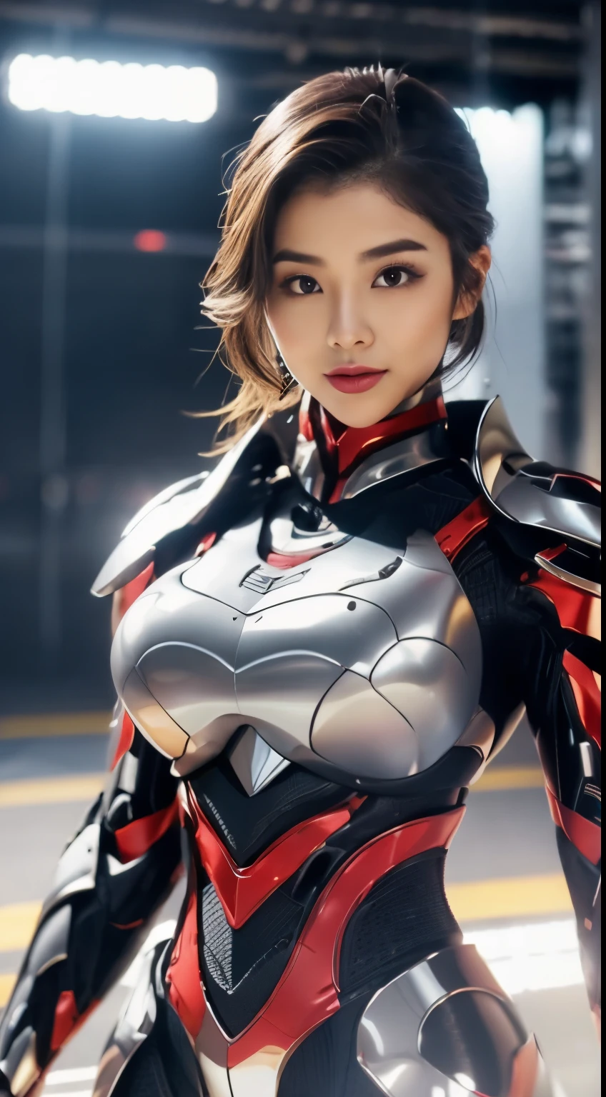 (Full armor), knight Cloak, (helm), (Yoga pants:0.5), looking on camera, standing on studio, beautiful face, makeup, (photorealism:1.2), ultrarealistic face, (muscle abs), (thick thighs), slim waist, hourglass figure, half body, ((glowing skin)), ((shiny skin)), Realistic body, (sexy body:1.2), (clean skin), photorealistic, bokeh, motion blur, masterpiece, super detail, textured skin, giga_busty, (big breasts:1.2)