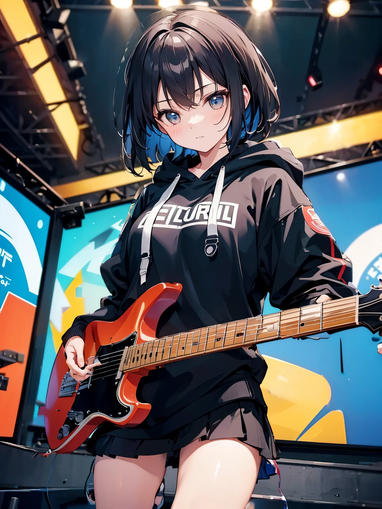 A meticulously crafted image capturing a girl playing the guitar while jumping on a gymnasium stage. She is adorned in a hoodie and a mini skirt.