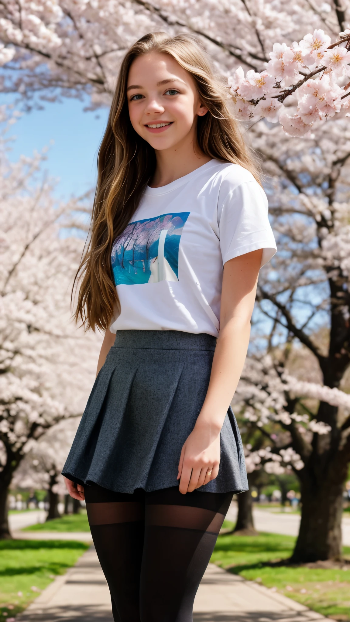  Sydney Sweeney, (long hair: 1.3), blonde, t-shirt, skirt, tights, park, cherry blossom trees, ray tracing, best quality