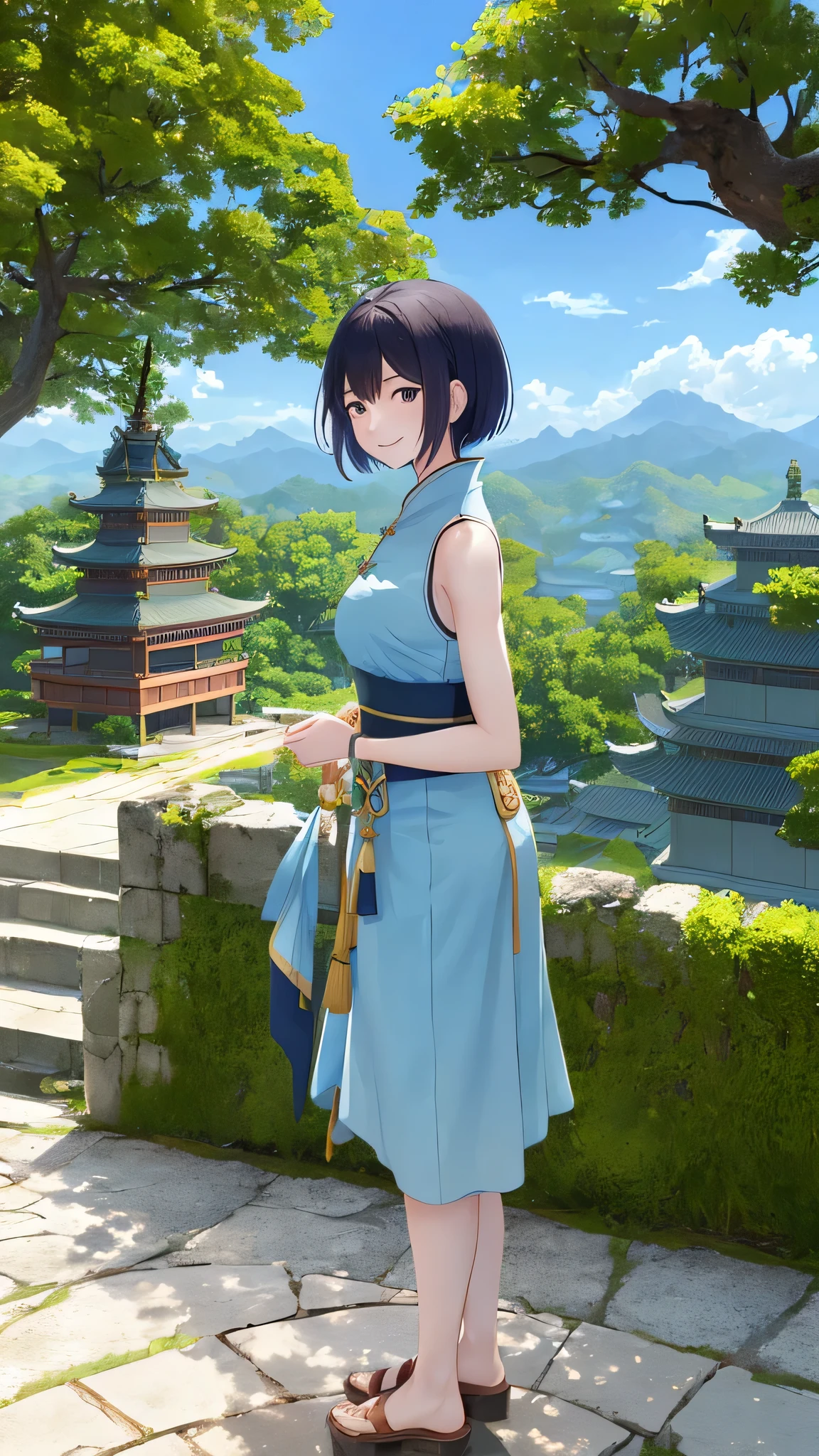 Ningguan Canyon, Upper body, Smile, blush, Outdoor sports, Sky, simple background, blue Sky空, short hair, Sky空, temple, looking at the audience, stairs, Mountain, Moody's Lighting, for the audience,