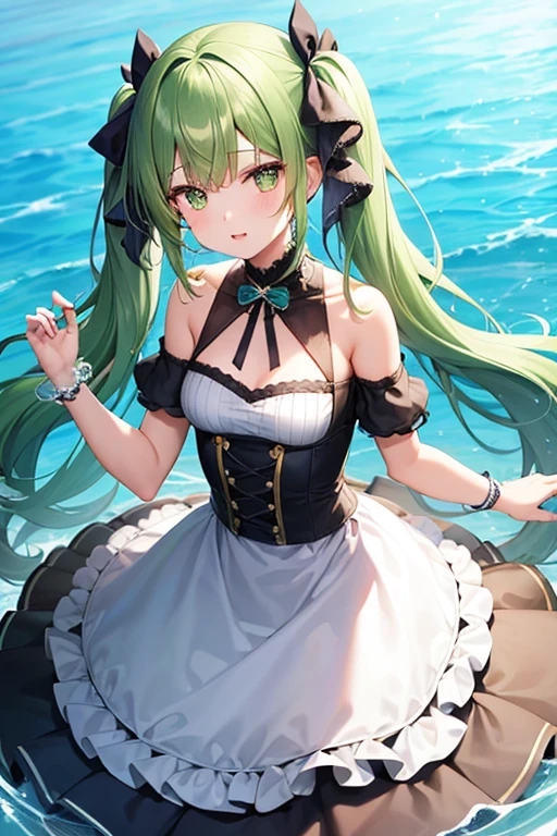 1girl, solo, hair ornament, green hair, twintails, long hair, dress, water