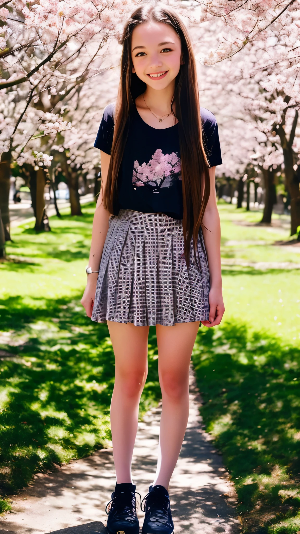 Sydney Sweeney, (long hair: 1.3), blonde, t-shirt, skirt, tights, park, cherry blossom trees, ray tracing, best quality