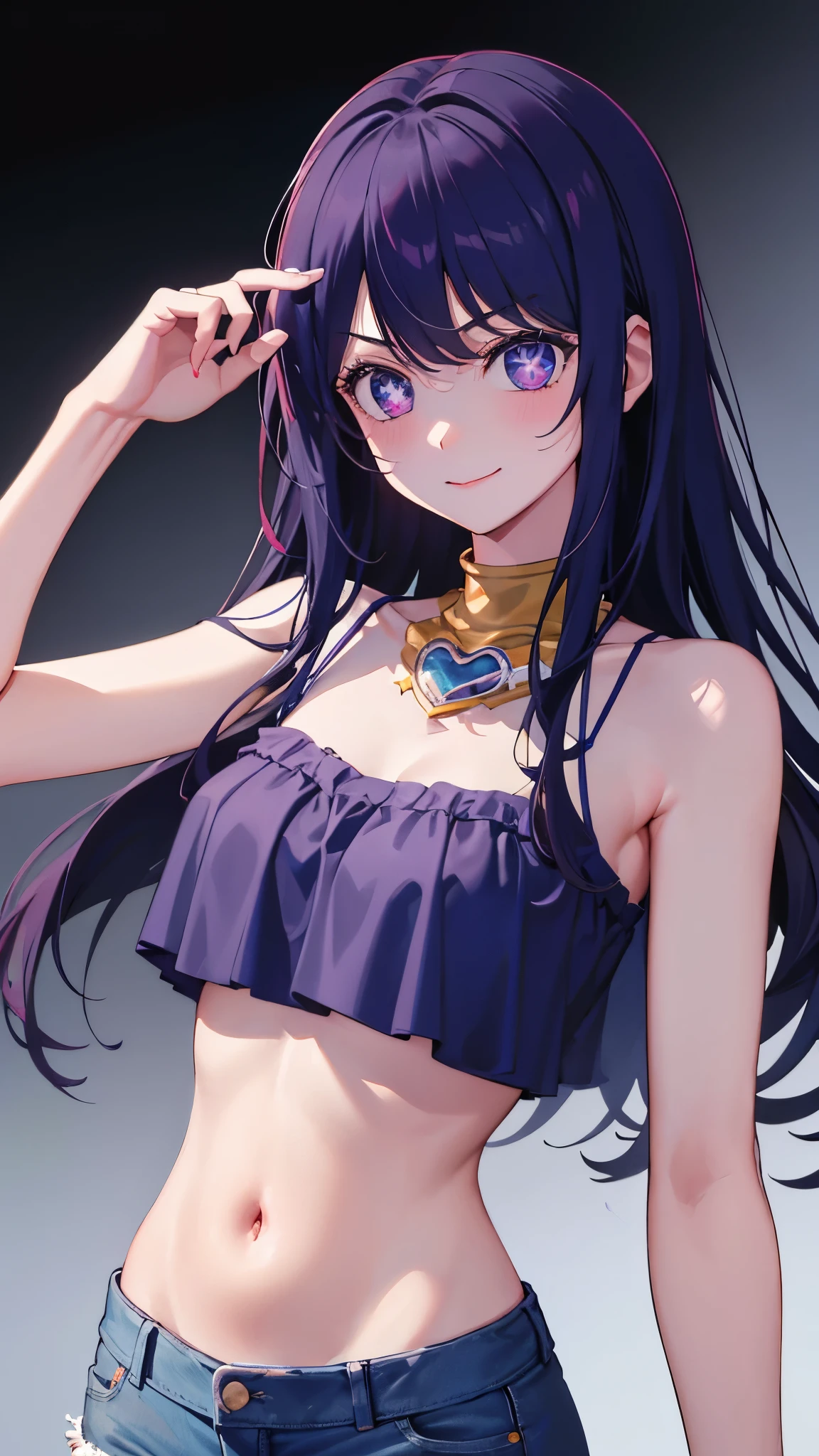 masterpiece, (best quality:1.2), detailed, Hoshino Ai, 1girl, (solo), (purple hair:1.2), hair down, (purple eyes), star-shaped pupils, (Blush:1.1), (closed mouth:1.2), (upper body:1.3), (bikini:1.3), (bare arms:1.2), collarbone, detailed eyes, highres, (simple background:1.3), high details, (staring at viewer:1.2)