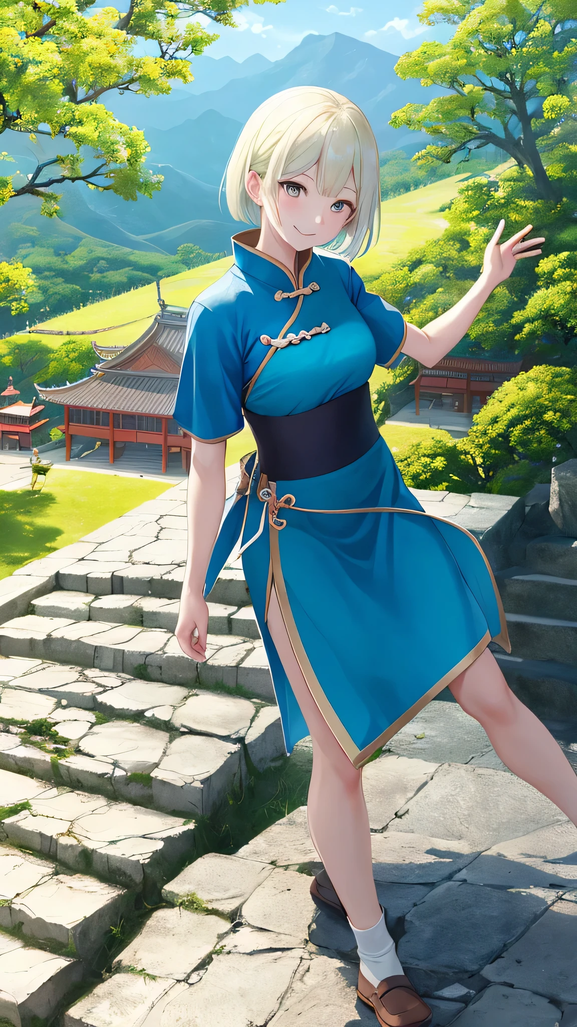Ningguan Canyon, Upper body, Smile, blush, Outdoor sports, Sky, simple background, blue Sky空, short hair, Sky空, temple, looking at the audience, stairs, Mountain, Moody's Lighting, for the audience,