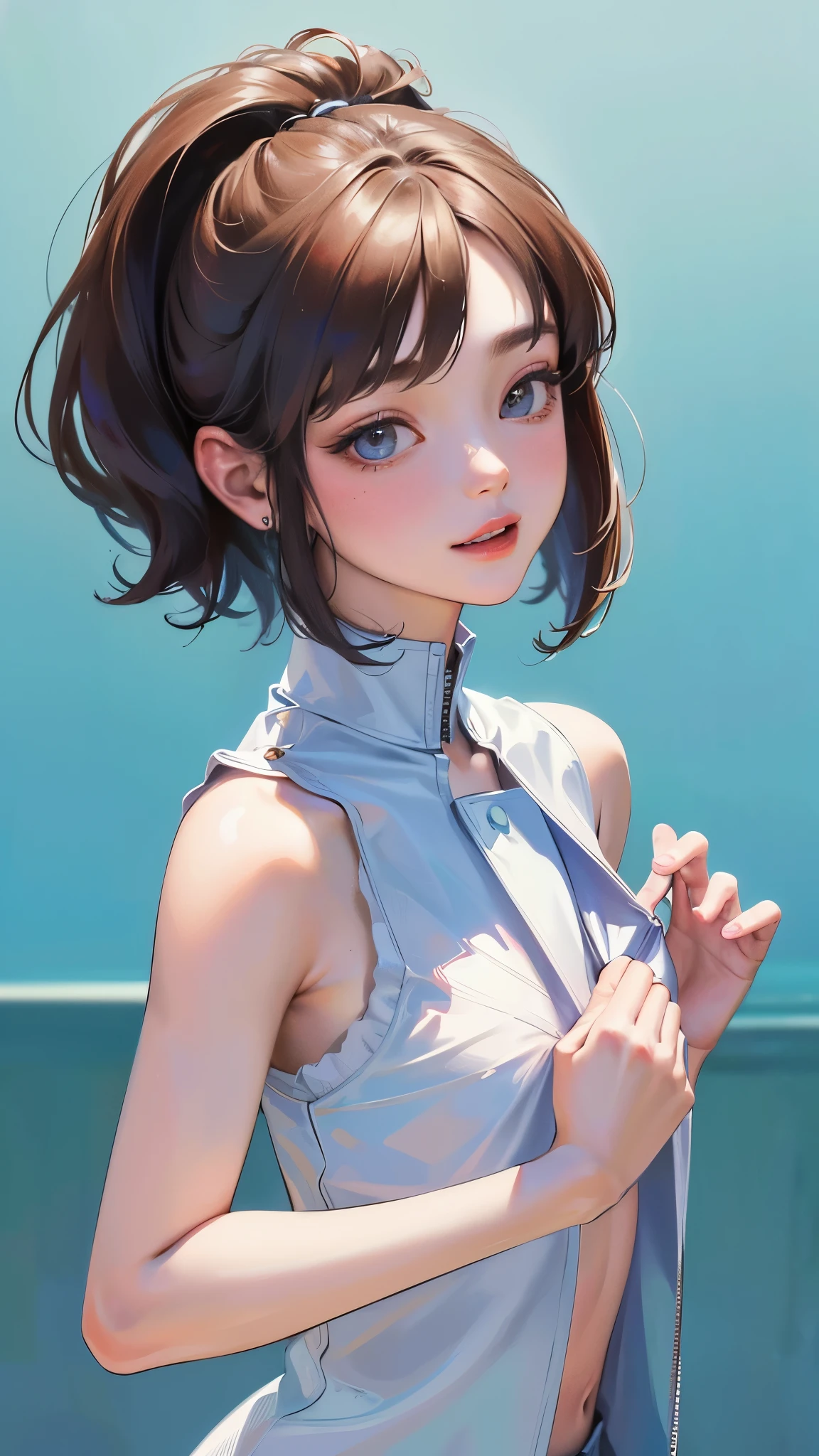 master piece,8K,(masterpiece, highest quality, highest quality, official art), detailed,beautiful and aesthetic:1.3,(((very realistic:1.4,))),  cute:1:4,  ,  
 , Kikidef, Upper body, best style,smile, blush, outdoors, Day, simple background, blue sky, short hair,((Beautiful middle chest)),