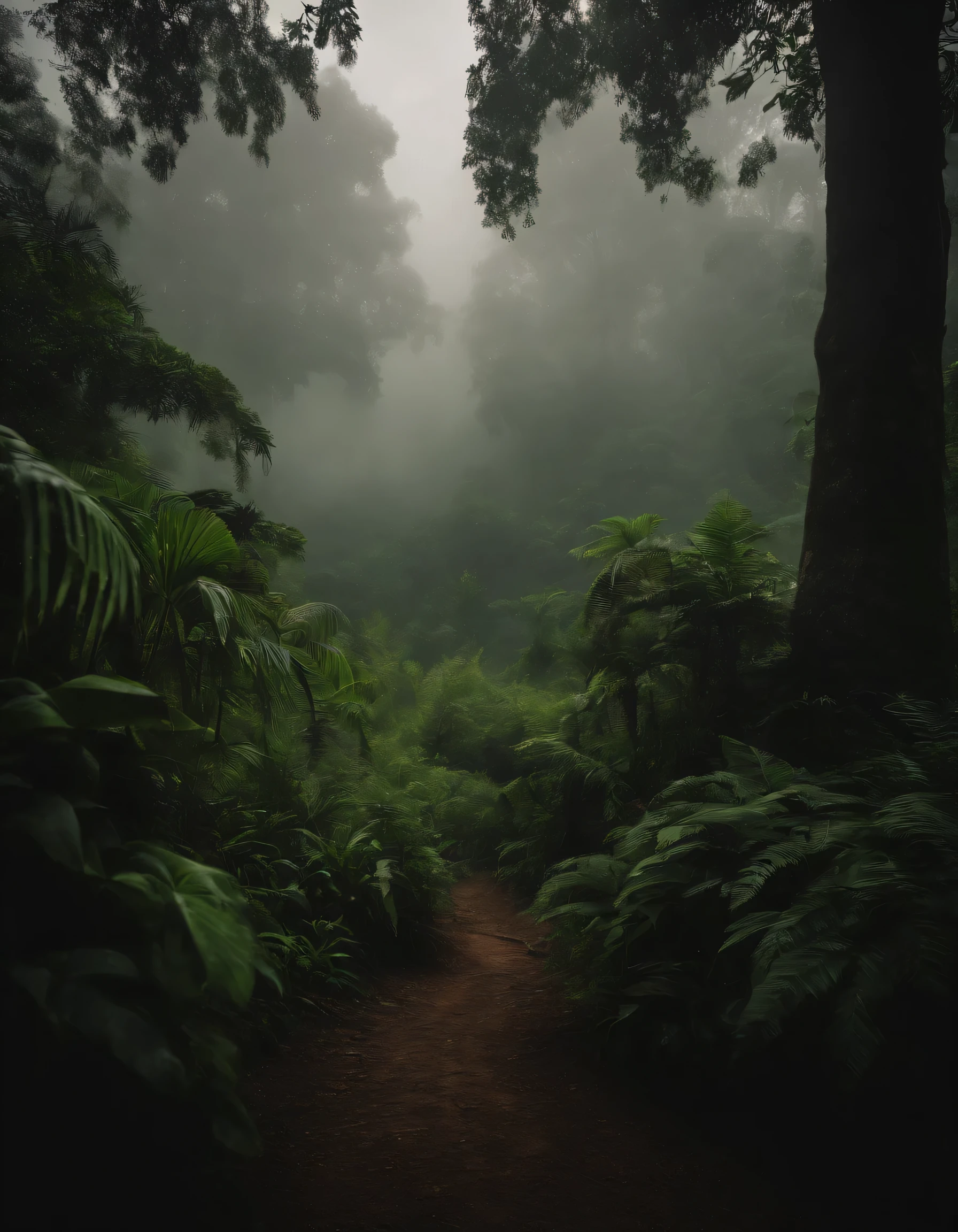 Landscape jungle cinematic scene with mist and fog covering the trees
