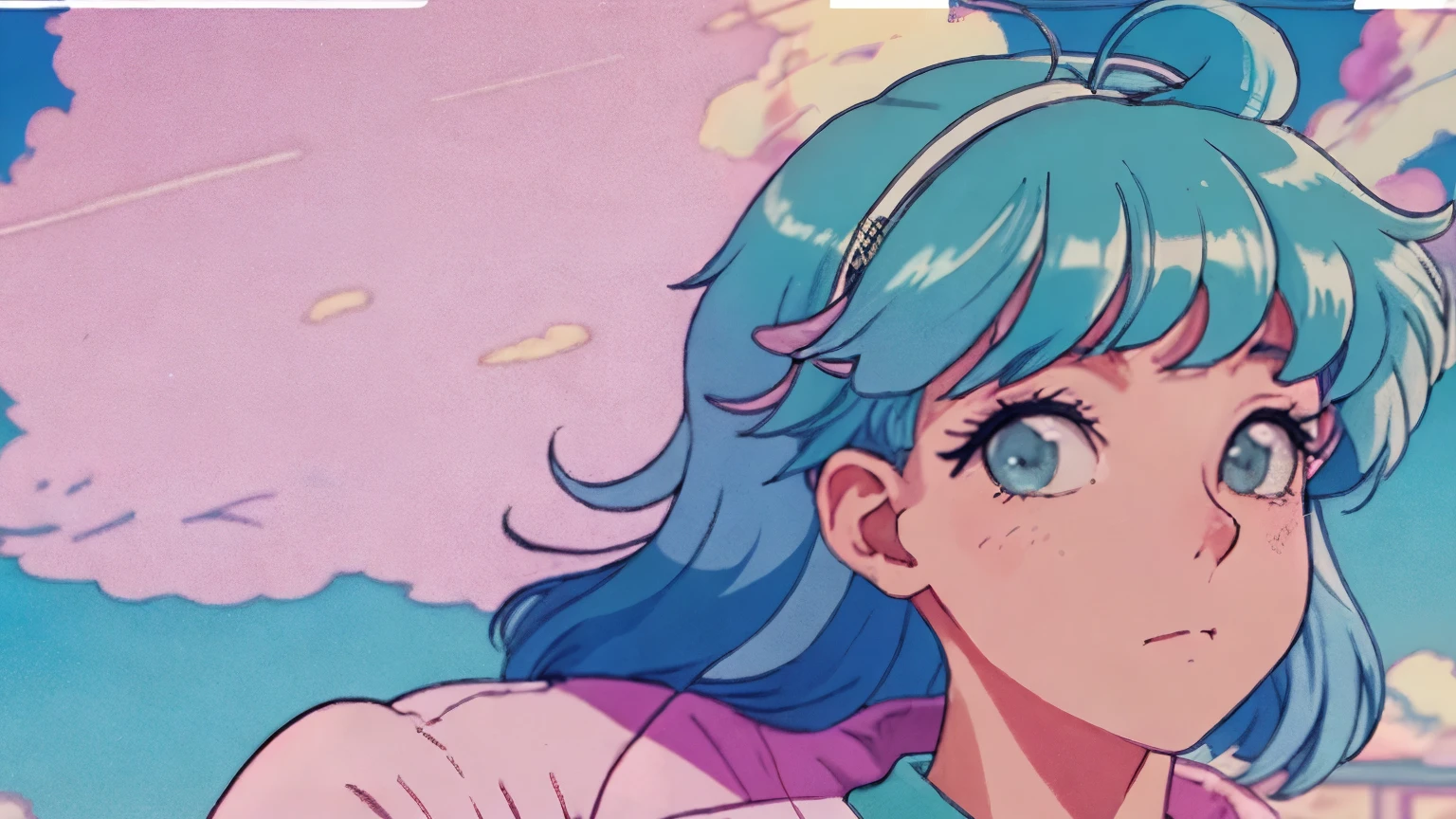 Close-up of a person with blue hair and pink jacket, lofi girl, Lofiatostyle, anime atmosphere, portrait of lofi, 80年代のanime atmosphere, lofi girl aesthetic, Lofiato, dreamy psychedelic anime, anime aesthetics, 9 0 s anime aesthetics, teal hair anime girl, In 80&#39;s anime art style