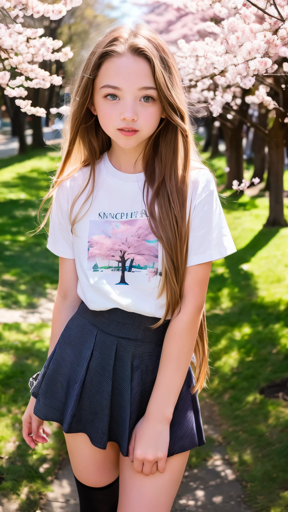 Sydney Sweeney, (long hair: 1.3), blonde, t-shirt, skirt, tights, park, cherry blossom trees, ray tracing, best quality