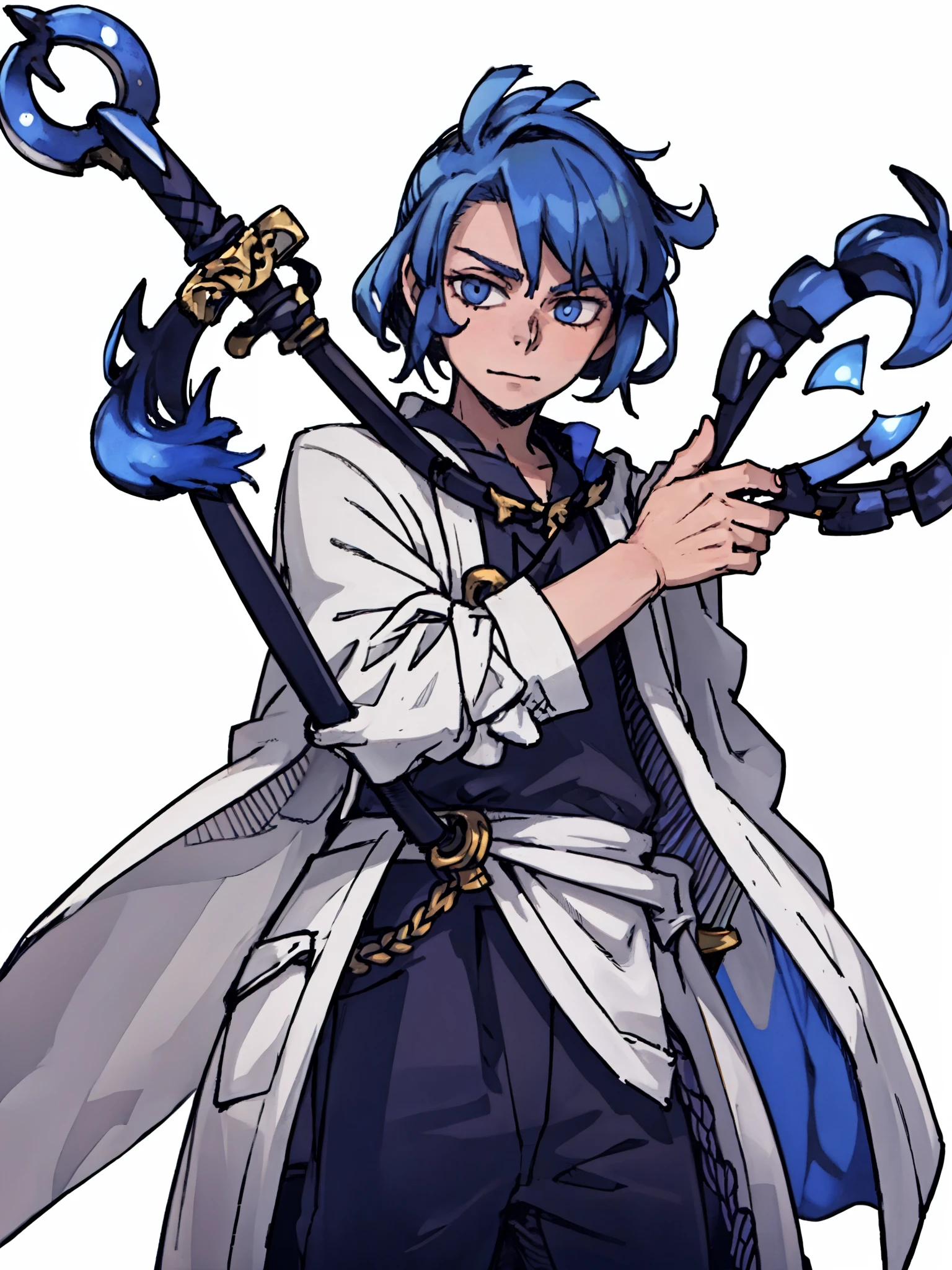 A male mage，front,(,(Half body),(blue hair),(Magic robes)),Holding a cane，Staff，Blue by Capelet，Sword and magic style，Different world，middle Ages，White background