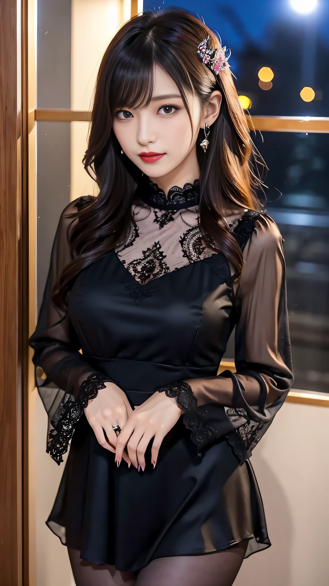 Super detailed、Japanese、charming beauty、seductive adult woman、Beautiful woman、sharp eyes、cool girl、wavy hair、suit、Black chiffon、lace fabric、wide sleeve、wearing a lace insert dress、white blouse、Tight Skirt、flesh colored pantyhose、Lustrous legs、evilの幹部、evil depravity、brainwashing、Mind control、lipstick、grin、evilな表情、evil、empty eyes、evil、church at night、reach out your hand、liquid