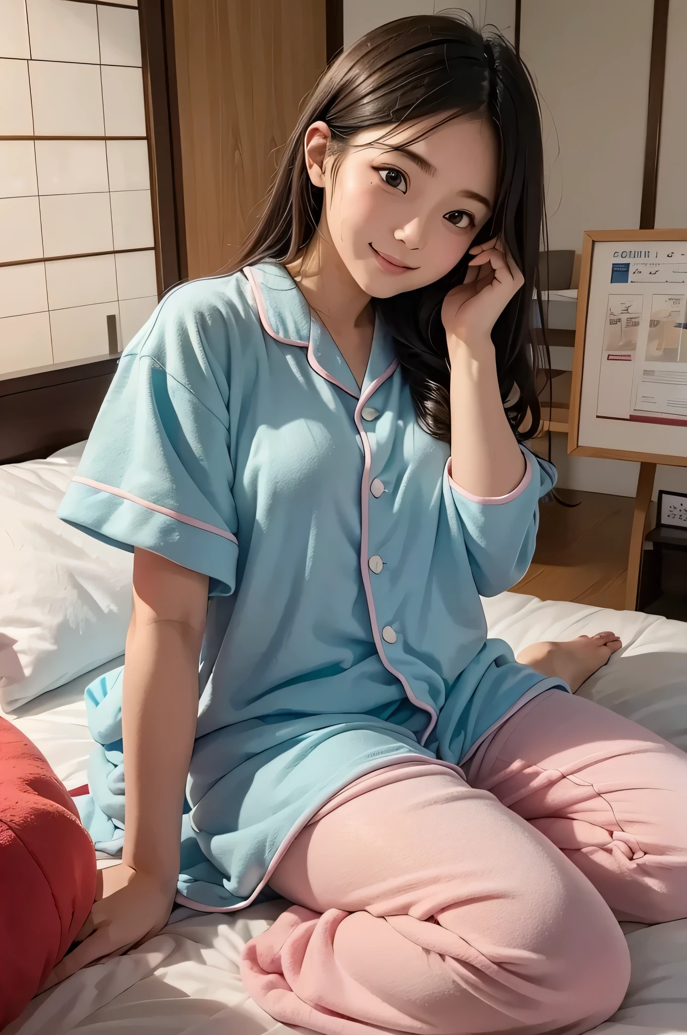 A Japanese girl with a cute face like an 18-year-old idol Smiling Kindly pajamas Full body portrait Lying in bed Cleavage ((彼女のpajamasの胸元から犬のミニチュアダックスフンドが顔を出している)) RAW Photos Genuine Indistinguishable from live-action Raw photo