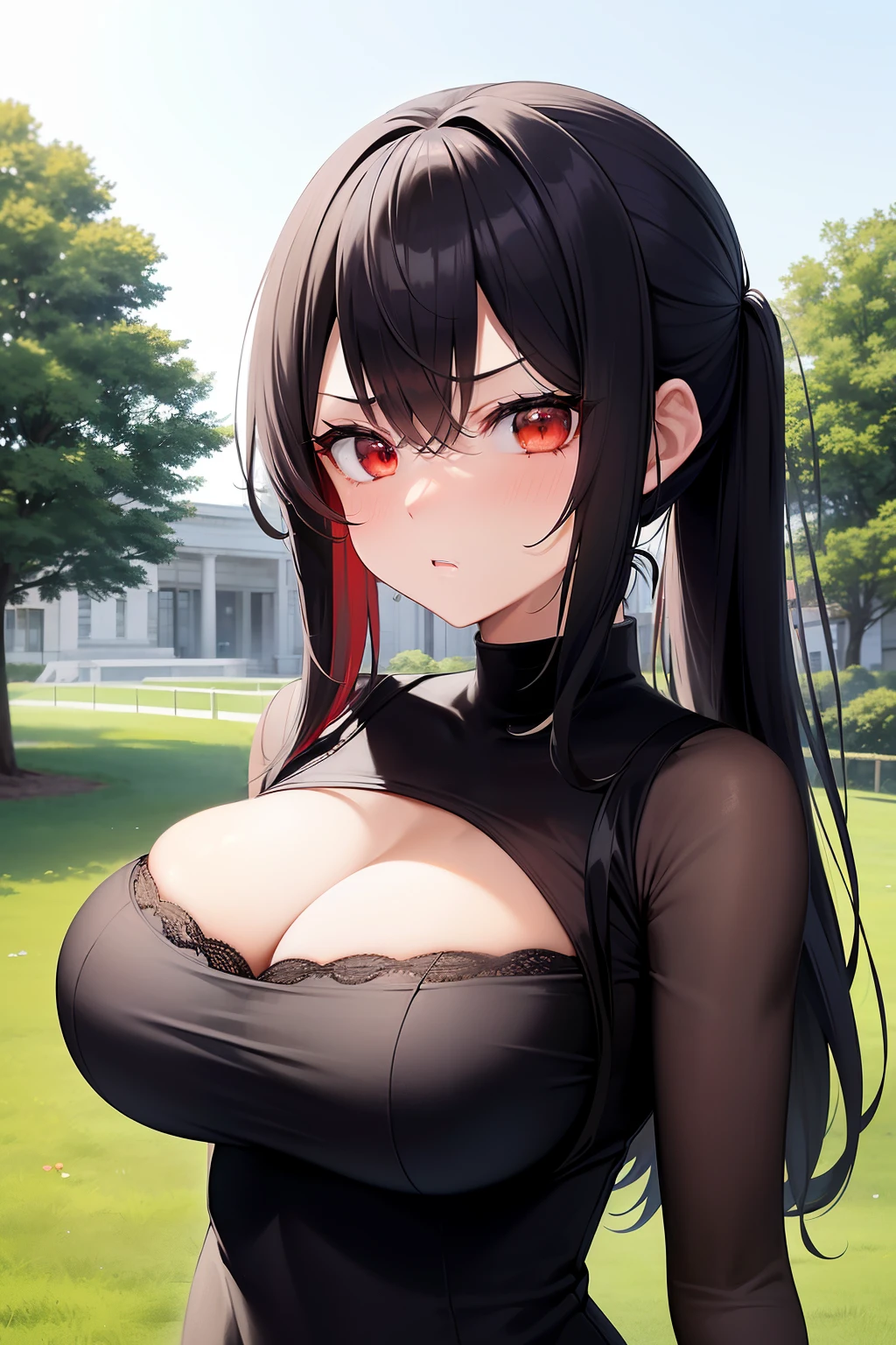 solo, 1girl, (adult:1.4), black hair, red eyes, huge breasts, perky tits, athletic body, upper body, close up, ((black dress)), from front,  ((disgusted stare)), outdoors, trees, building, dusk, (centered:1.4, symmetrical:1.4),