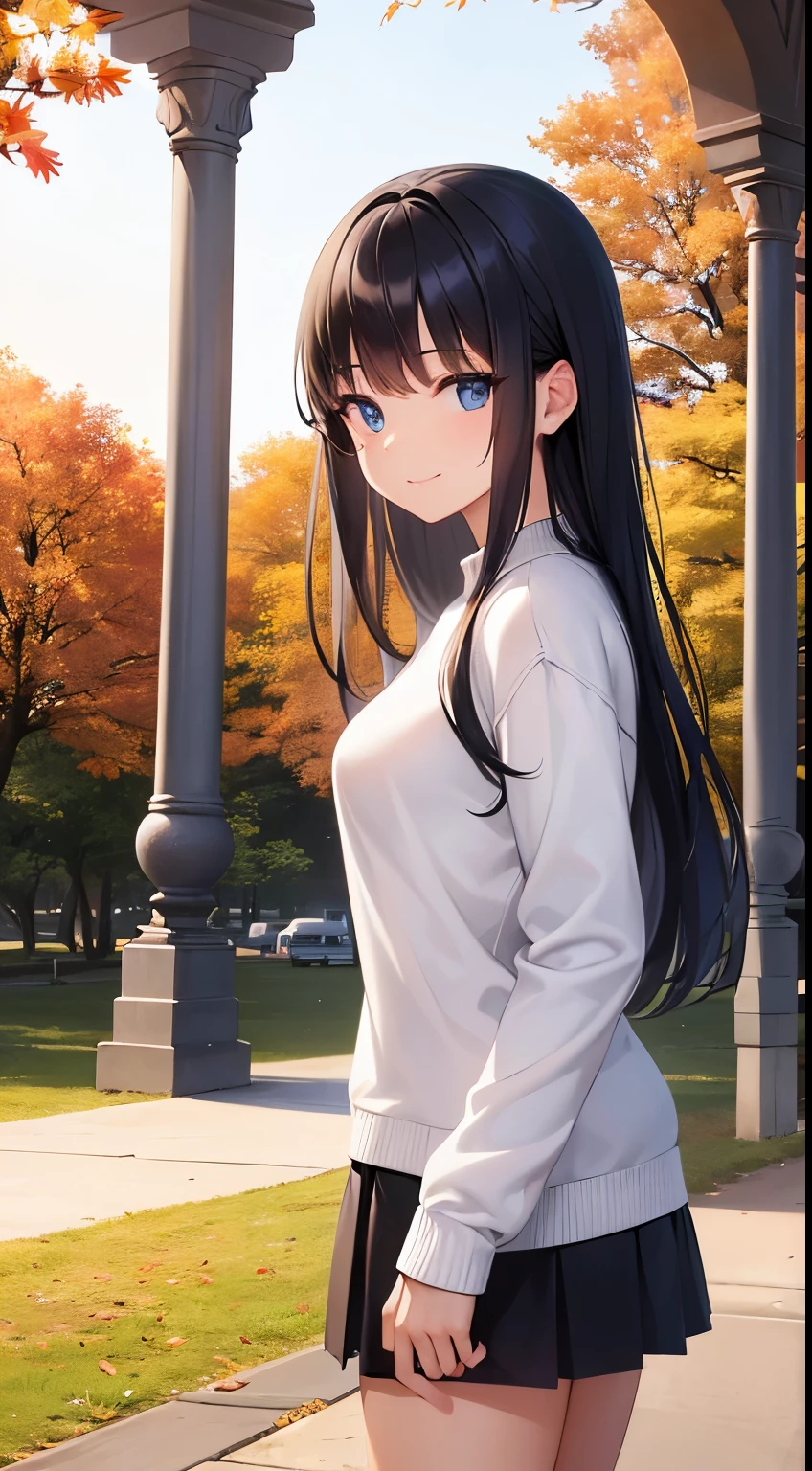 ((masutepiece, Best Quality)), ((hight resolution)), (photos realistic), Best Shadow, high detailing, Very detailed, (nice hand, Perfect hands), (Face Focus:1.2), ((1girl)), Beautiful Girl, 18 years old, blue eyes, (black long Hair:1.5), (small breasts:1.3), (Smile:1.3), Glossy white skin, (view from front:1.3), (Very slender:1.3), (Cute face:1.3), (look at viewer:1.4), detailed facial features,droopy eyes, Crisp focus, perfect beautiful body and face, Perfectly focused, (white sweater:1.3), black mini skirt, Long bangs, (standing:1.4), (in the autumn park:1.4),