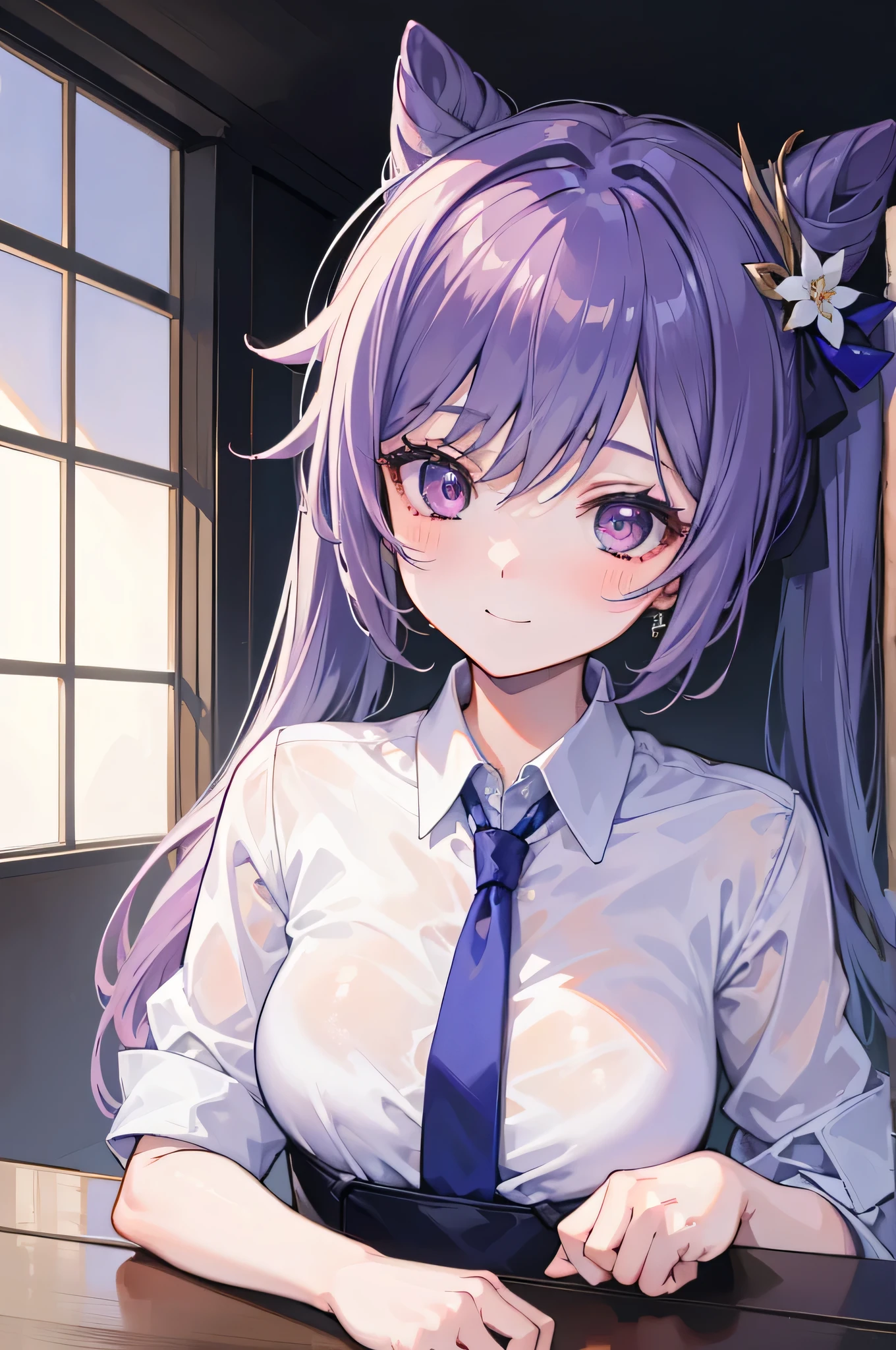 (masterpiece)1 girl, guest secretary, Genshin Impact, best quality, expressive eyes, perfect face, Upper body size, Smile, blush, Wearing an office shirt and getting wet, indoors, Sky, simple background, lie, watch , 明亮的Sky空, watch at viewer, stairs, Moody's Lighting