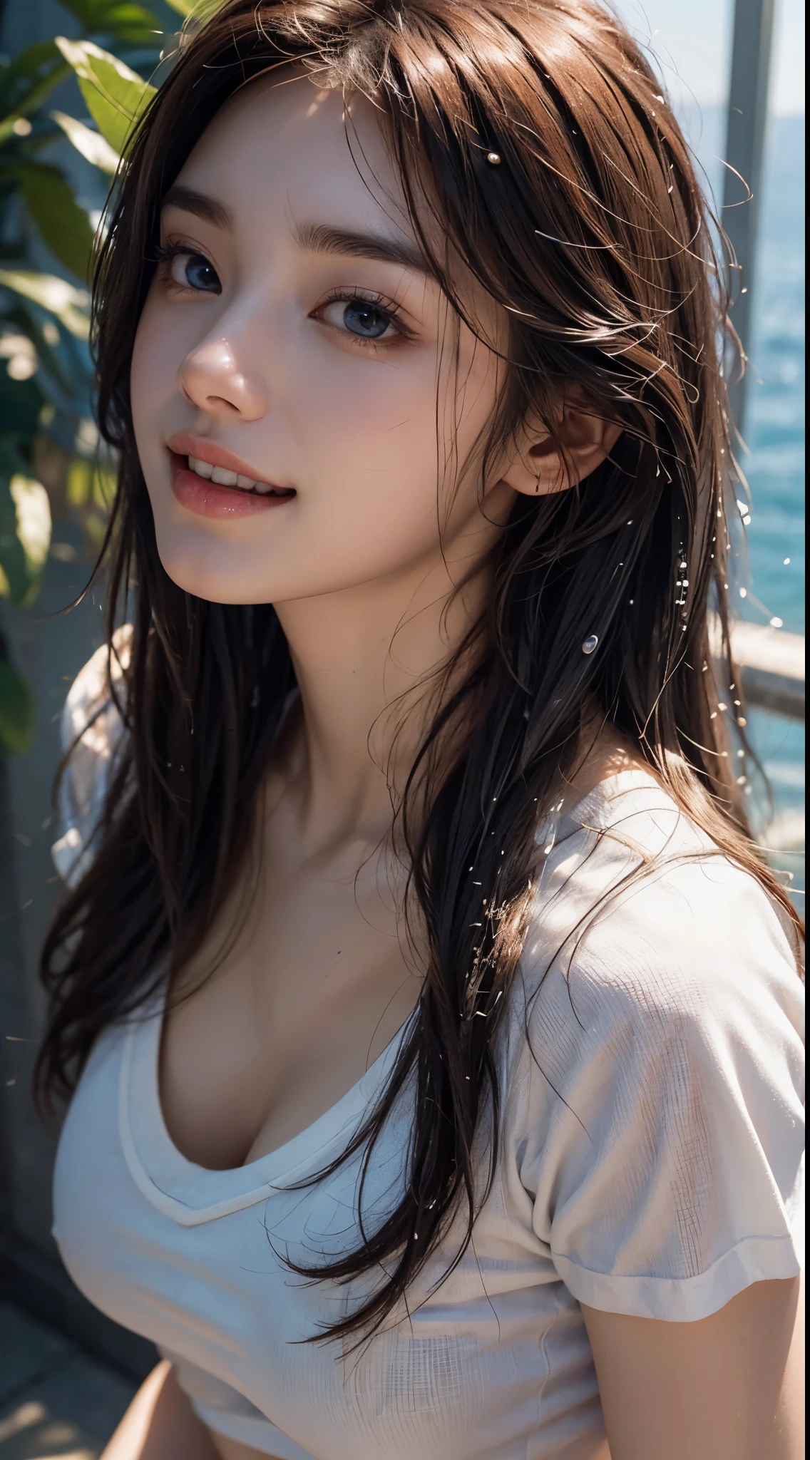 highest quality、8k、32K、Masseter muscle part、nffsw:1.3)、((Close-up:1.3)),cute japanese girl、1 girl、((wet long hair))、profile、(crack your abs、slim body shape:1.2)、(lips) 、（orange hair）、double eyelid、shiny skin、realistic rays of light、big、beautiful face、(laughter:1.3)、squat、(From above:1.2)、(Close-up:1.4)、coastal、white t-shirt、blurred background、(front focus)、photo realistic、professional lighting、highly detailed face、award-winning、deep shadow、((Ultra-realistic raw photos)),fine eyes,Eyes like the real thing,fine hair,