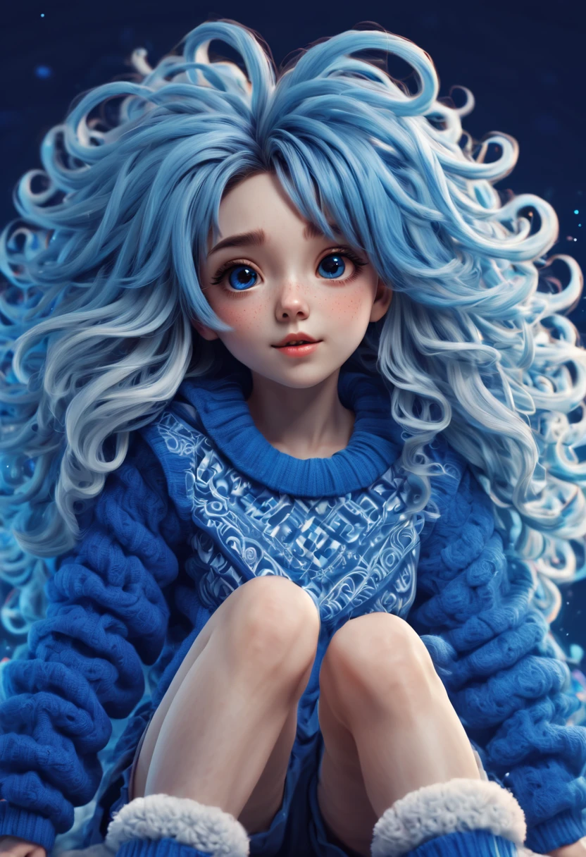 (best quality, highres), magical, blue theme, (magical cute girl:1.2). with (((exaggerated hair, huge fluffy hair", expanded hair, exagerated voluminous hair))), blue and white sweater with zentangle lines, details, (((horsehair, fluffy))), socks, shoes, origami hair texture,