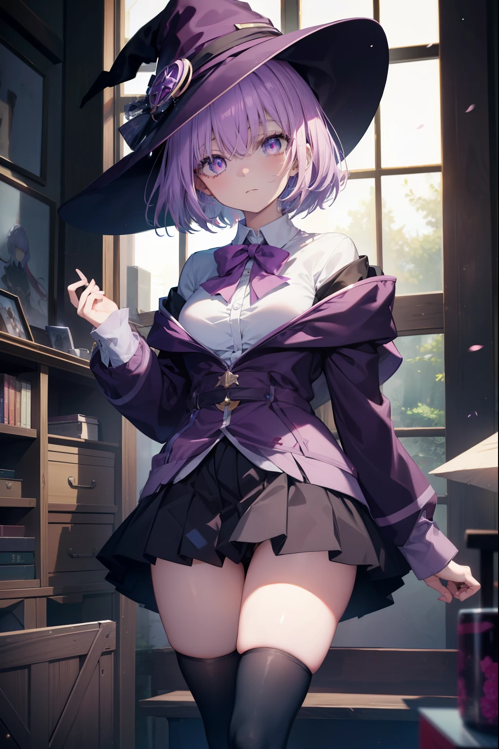 akaneshinjou, shinjou akane, Place your right hand on your waist,He has a magic wand in his left hand,light purple hair, (pink eyes:1.2), smiling short hair,witch hat,purple sleeveless dress,mini skirt,Gray pantyhose,short boots,
break outdoors, forest,
break looking at viewer, Upper body,whole body,　　　　　　　　　　break (masterpiece:1.2), highest quality, High resolution, unity 8k wallpaper, (figure:0.8), (detailed and beautiful eyes:1.6), highly detailed face, perfect lighting, Very detailed CG, (perfect hands, perfect anatomy),