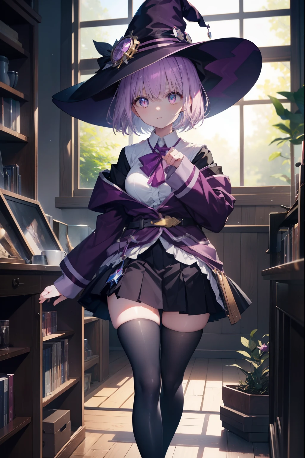 akaneshinjou, shinjou akane, light purple hair, (pink eyes:1.2), short hair,witch hat,Purple Dress,mini skirt,black tights,short boots,Place your right hand on your waist,左手は魔法の杖を
break indoors, forest,
break looking at viewer, break (masterpiece:1.2), highest quality, High resolution, unity 8k wallpaper, (figure:0.8), (detailed and beautiful eyes:1.6), highly detailed face, perfect lighting, Very detailed CG, (perfect hands, perfect anatomy),