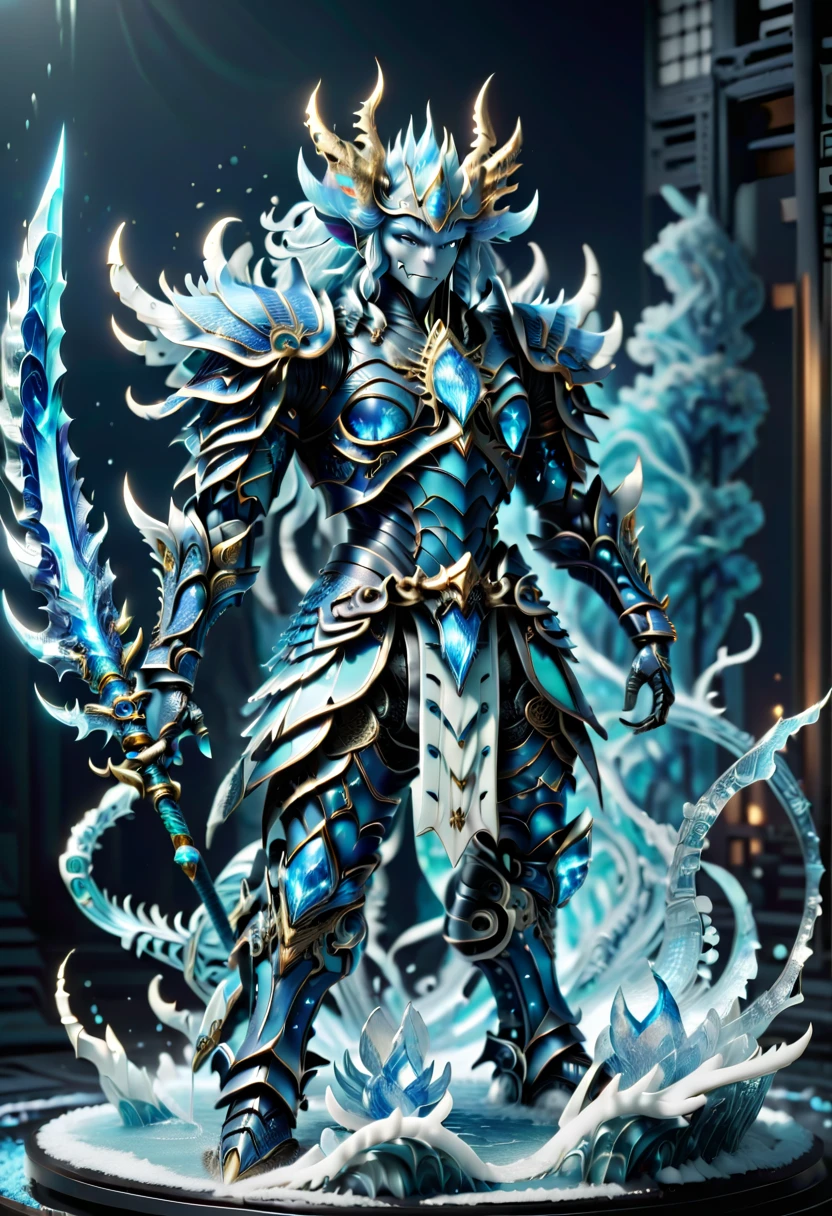 ocean,huge waves, (Demon God Altar Fighter,Water God:1.5), Mechanical arm,(Mechanical Crystal Spear:1.5),((Heroes from another world)),The interior shimmers with icy blue and white, full-body shot,thin and long,dark blue eyes,Curly ears,(Wearing ancient Japanese mechanical samurai armor:1.8),Smile,(waves background:1.5),F41Arm0rXL