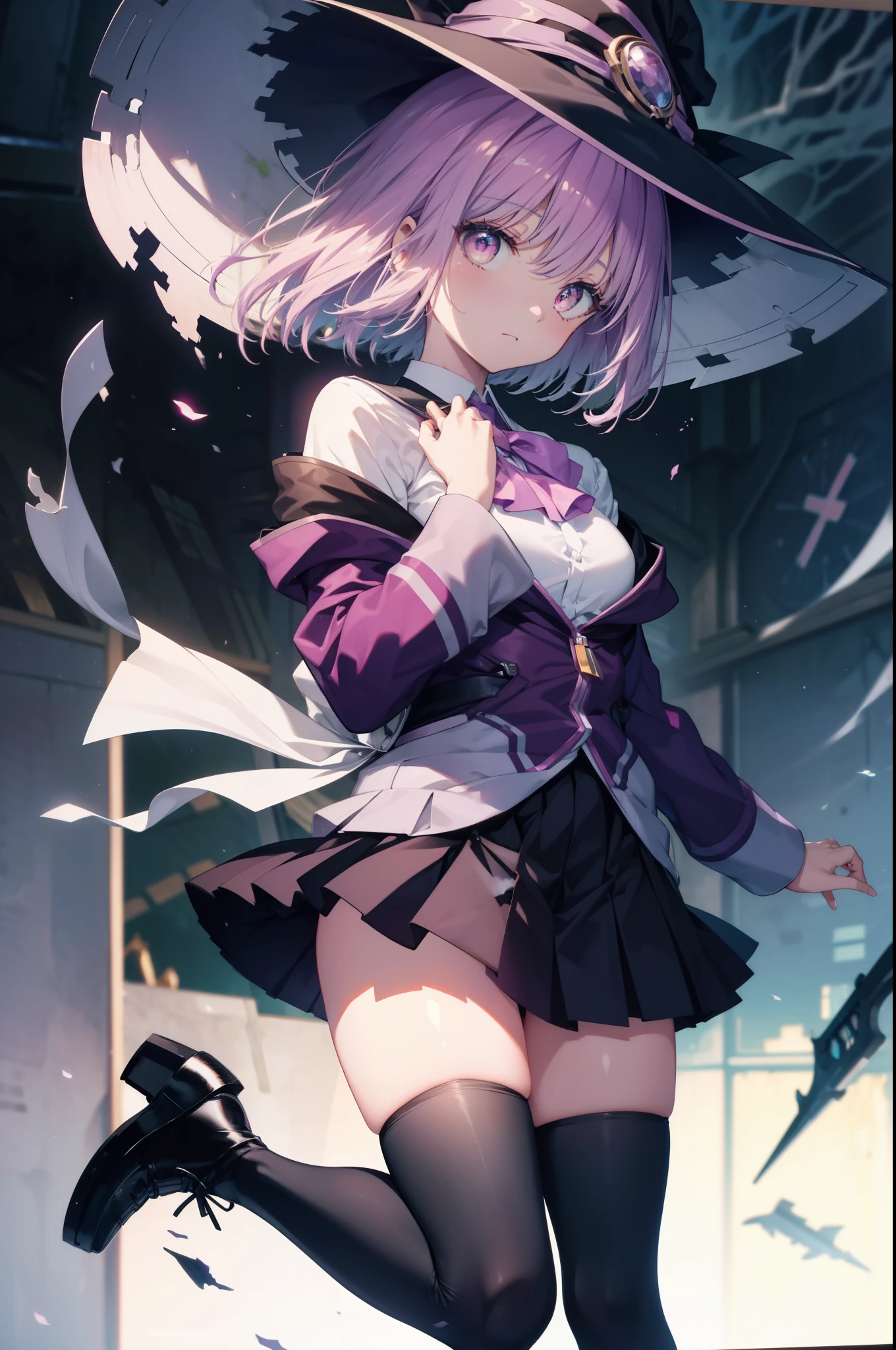 akaneshinjou, shinjou akane, light purple hair, (pink eyes:1.2), short hair,witch hat,Purple Dress,mini skirt,black tights,short boots,Place your right hand on your waist,左手は魔法の杖を
break indoors, forest,
break looking at viewer, break (masterpiece:1.2), highest quality, High resolution, unity 8k wallpaper, (figure:0.8), (detailed and beautiful eyes:1.6), highly detailed face, perfect lighting, Very detailed CG, (perfect hands, perfect anatomy),
