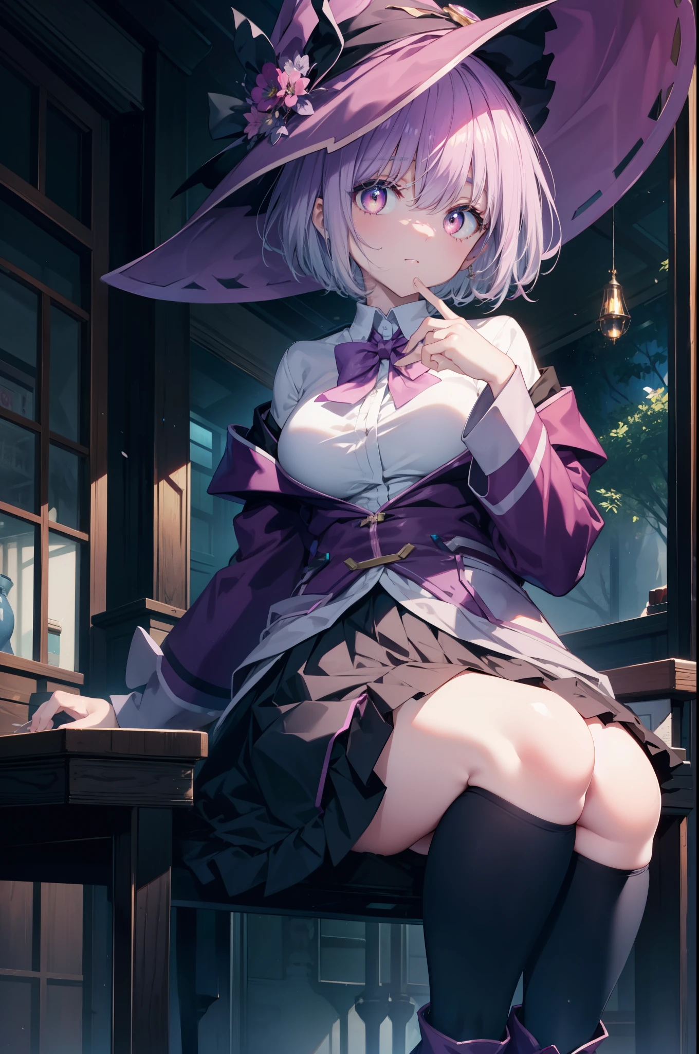 akaneshinjou, shinjou akane, light purple hair, (pink eyes:1.2), short hair,witch hat,Purple Dress,mini skirt,black tights,short boots,Place your right hand on your waist,左手は魔法の杖を
break indoors, forest,
break looking at viewer, break (masterpiece:1.2), highest quality, High resolution, unity 8k wallpaper, (figure:0.8), (detailed and beautiful eyes:1.6), highly detailed face, perfect lighting, Very detailed CG, (perfect hands, perfect anatomy),