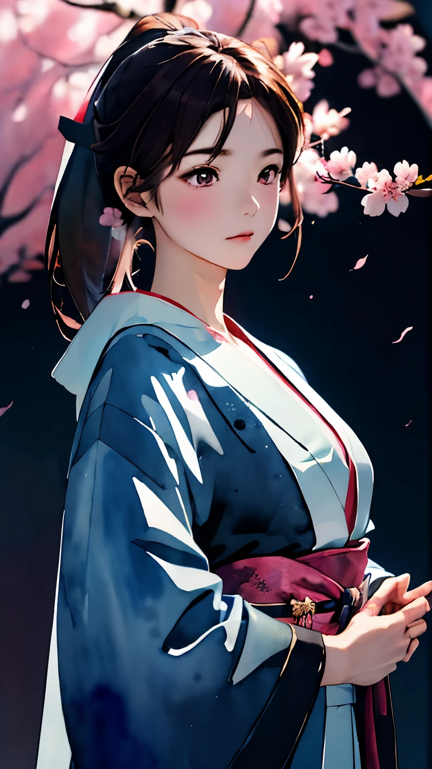 (((dark watercolor background:1.3)))、one girl、１６talent、anatomy、small face、small、small鼻、Pale pink eyes、Loosely braided low ponytail、brown hair、small breasts、Beautiful kimono、Yamato Nadeshiko、Shinsengumi&#39;s Happy、dharma quilt、random pose、(((Night Time 1:1.1)))、Cherry blossoms at night、Yoshino cherry tree、beautiful cherry blossoms、highest quality、High resolution、High resolution、cinematic lighting、professional photographer