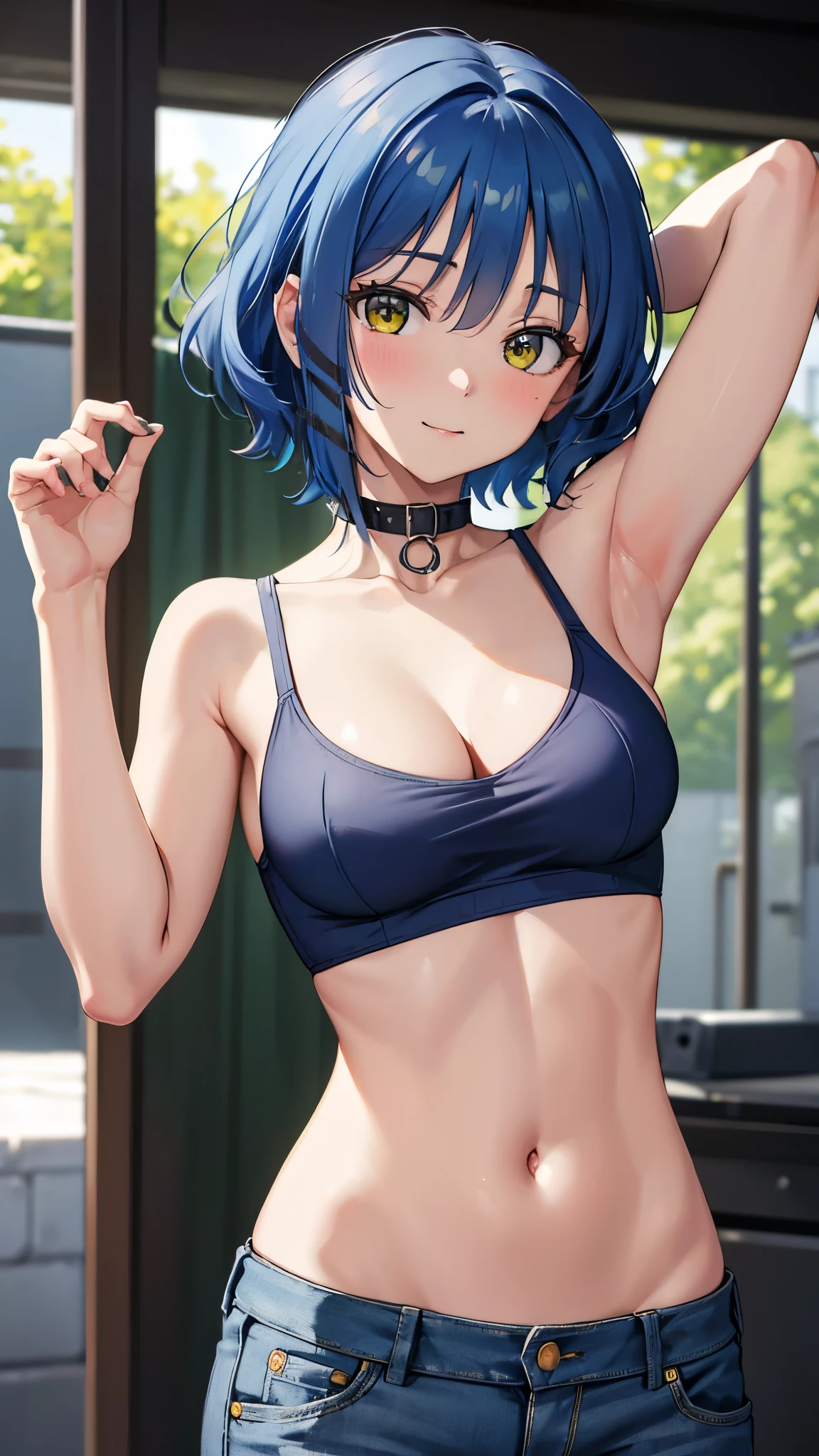 masterpiece, highres, solo, 8k, detailed, perfect face, (ultra high quality), looking viewers, collar bones, armpit, medium breast, cleavage, blue hair, short hair, yellow eyes, belly, stomach, navel, crop tanktop, denim short, mini short, slim body, smile, blush, thigh