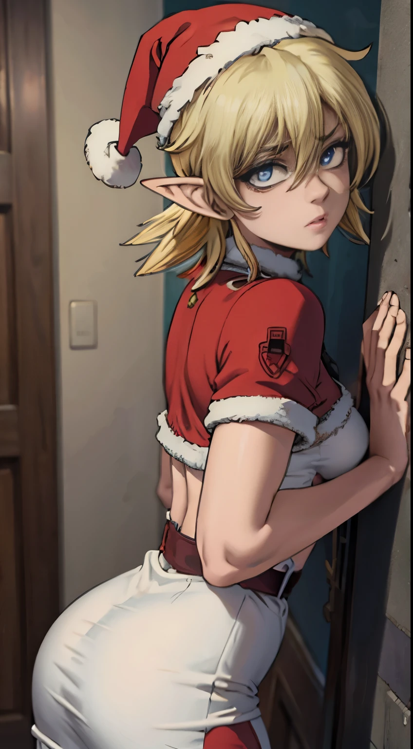 link, 1boy, solo, femboy, Elf male, agachado light skin,, dressed up as mother claus, vestido, UHD, olhos perfeitos, cabelos realistas, perfect hands, textura de pele, melhor qualidade de reflexos, roupas detalhada, 3d, Cartoon, fundo escuro, ass, big ass