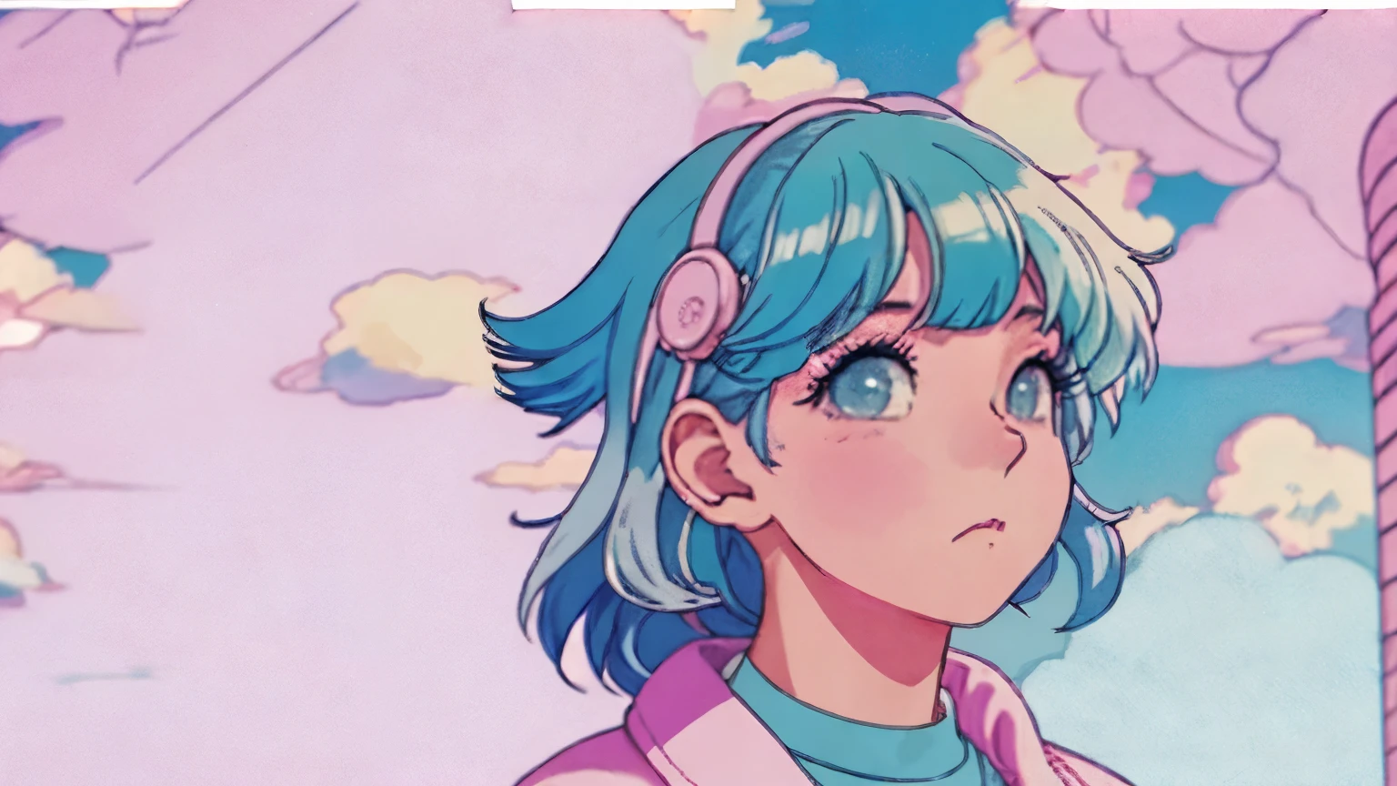 Close-up of a person with blue hair and pink jacket, lofi girl, Lofiatostyle, anime atmosphere, portrait of lofi, 80年代のanime atmosphere, lofi girl aesthetic, Lofiato, dreamy psychedelic anime, anime aesthetics, 9 0 s anime aesthetics, teal hair anime girl, In 80&#39;s anime art style